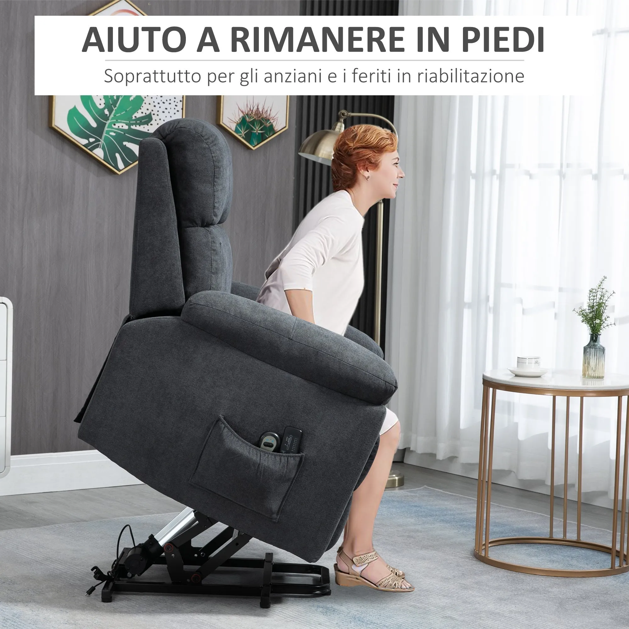 Lifting Armchair Reclining up to 135° with 8 Massage Points, Remote Control and Footrest 89x99x103 cm, Grey - Image 3