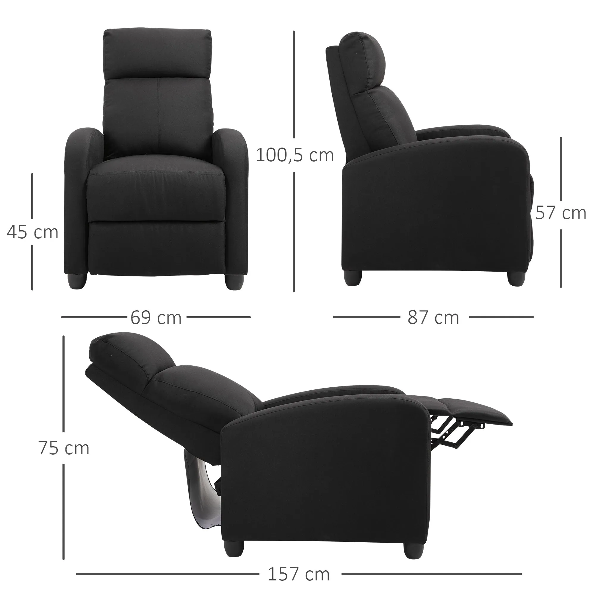 Padded Relax Chair with 135° Reclining Backrest and Removable Footrest, in Black Linen, 69x87x100.5cm - Image 3