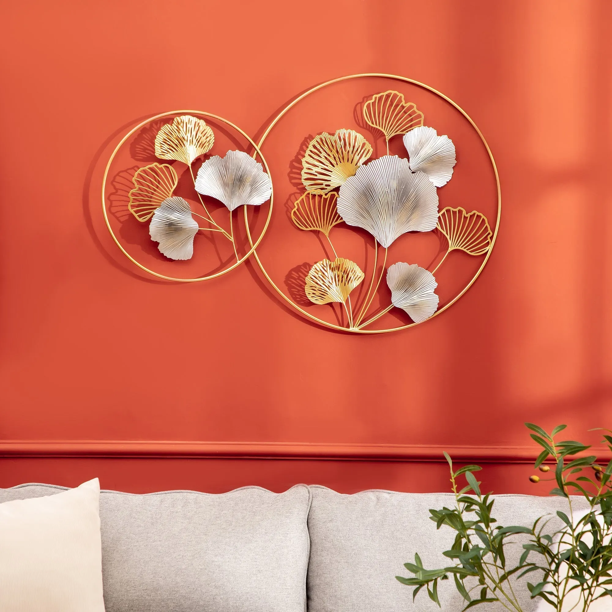 3D Metal Wall Decoration, Golden Wall Art with Ginkgo in Two Round Frames, 102x66.2cm, Gold and Silver - Image 2