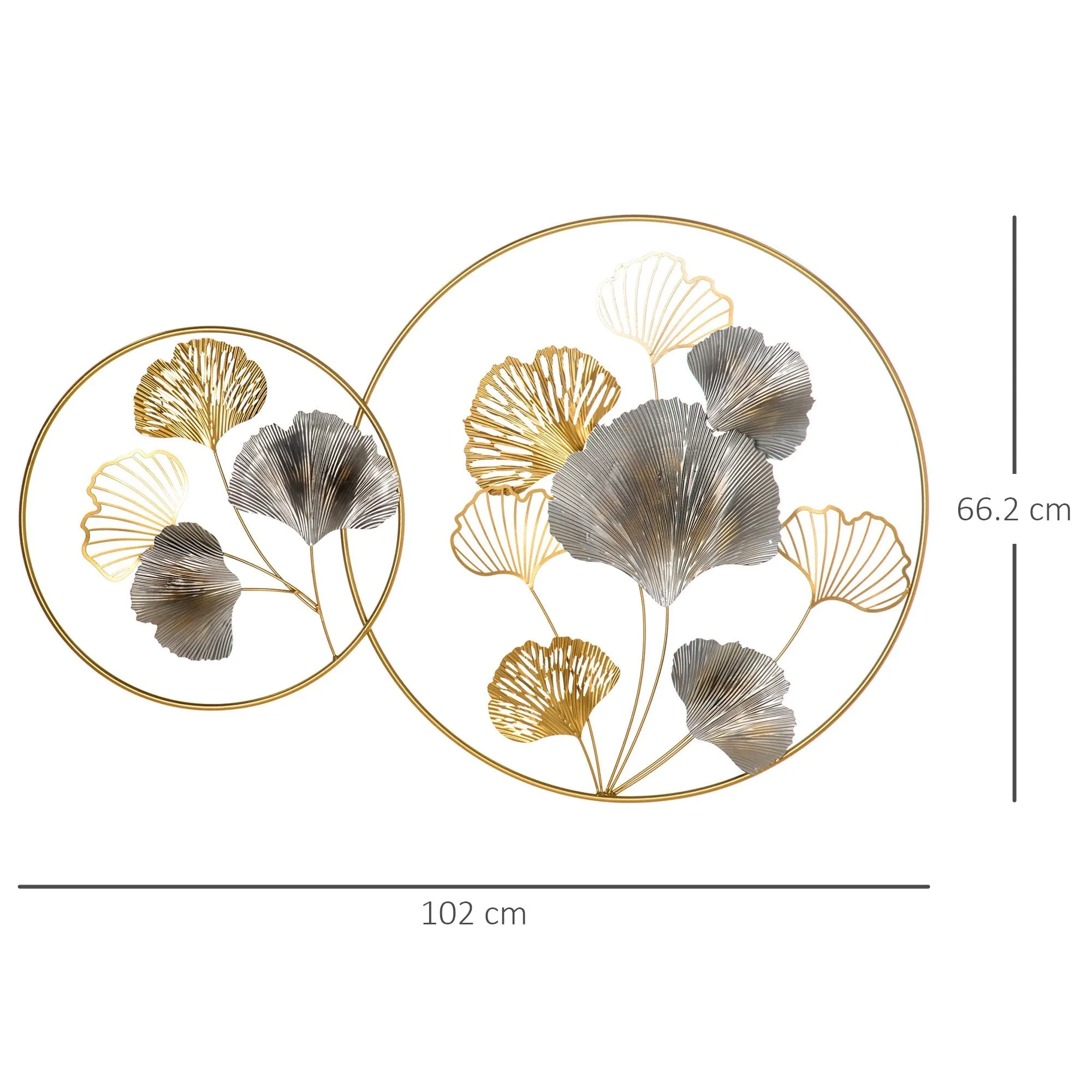 3D Metal Wall Decoration, Golden Wall Art with Ginkgo in Two Round Frames, 102x66.2cm, Gold and Silver - Image 3