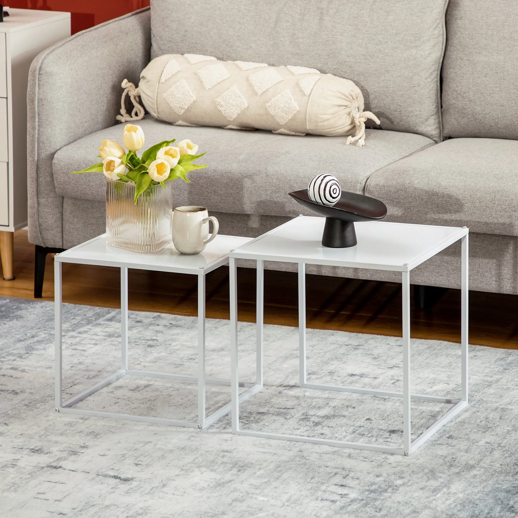 Set of 2 Stackable Square Steel Coffee Tables, White - Image 2
