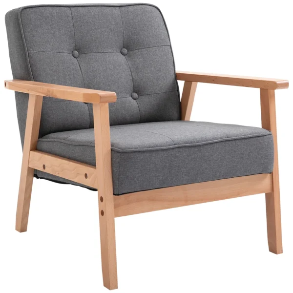 Scandinavian Style Padded and Quilted Armchair with Buttons in Fabric and Wood, 64.5x70x74cm, Grey
