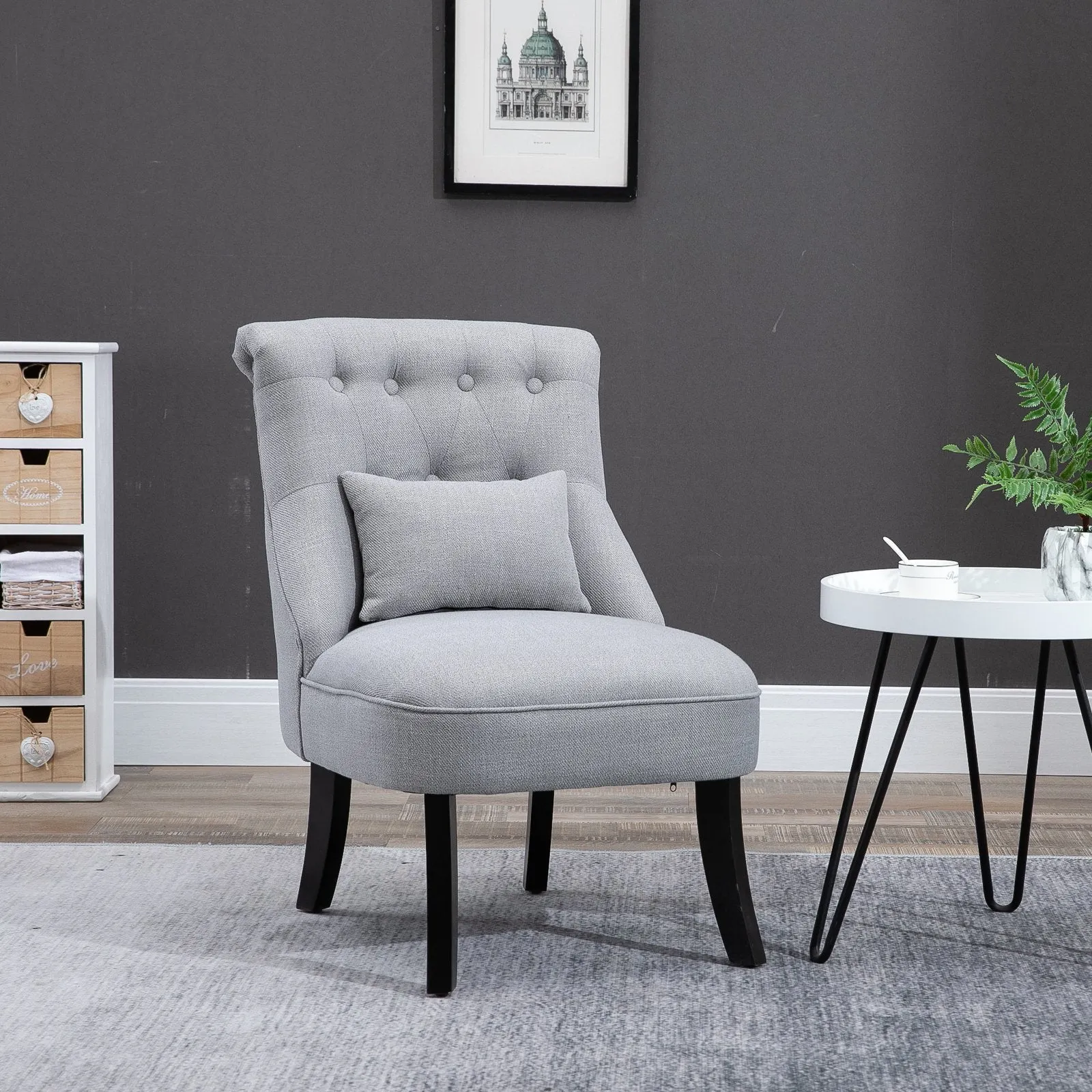 Upholstered Living Room Armchair with Cushion and Non-Slip Feet, Linen and Wood Effect Fabric Furniture Armchair, 52.5x69x77 cm, Grey - Image 2