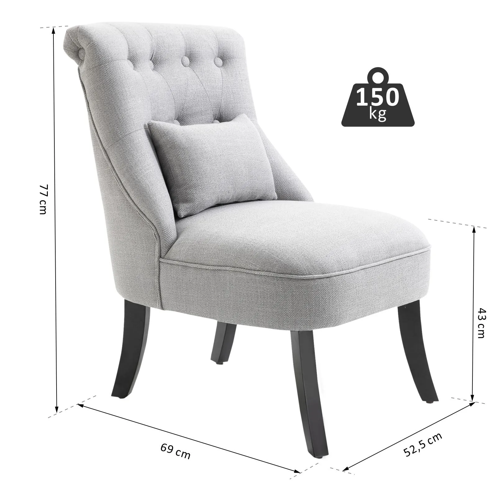 Upholstered Living Room Armchair with Cushion and Non-Slip Feet, Linen and Wood Effect Fabric Furniture Armchair, 52.5x69x77 cm, Grey - Image 3