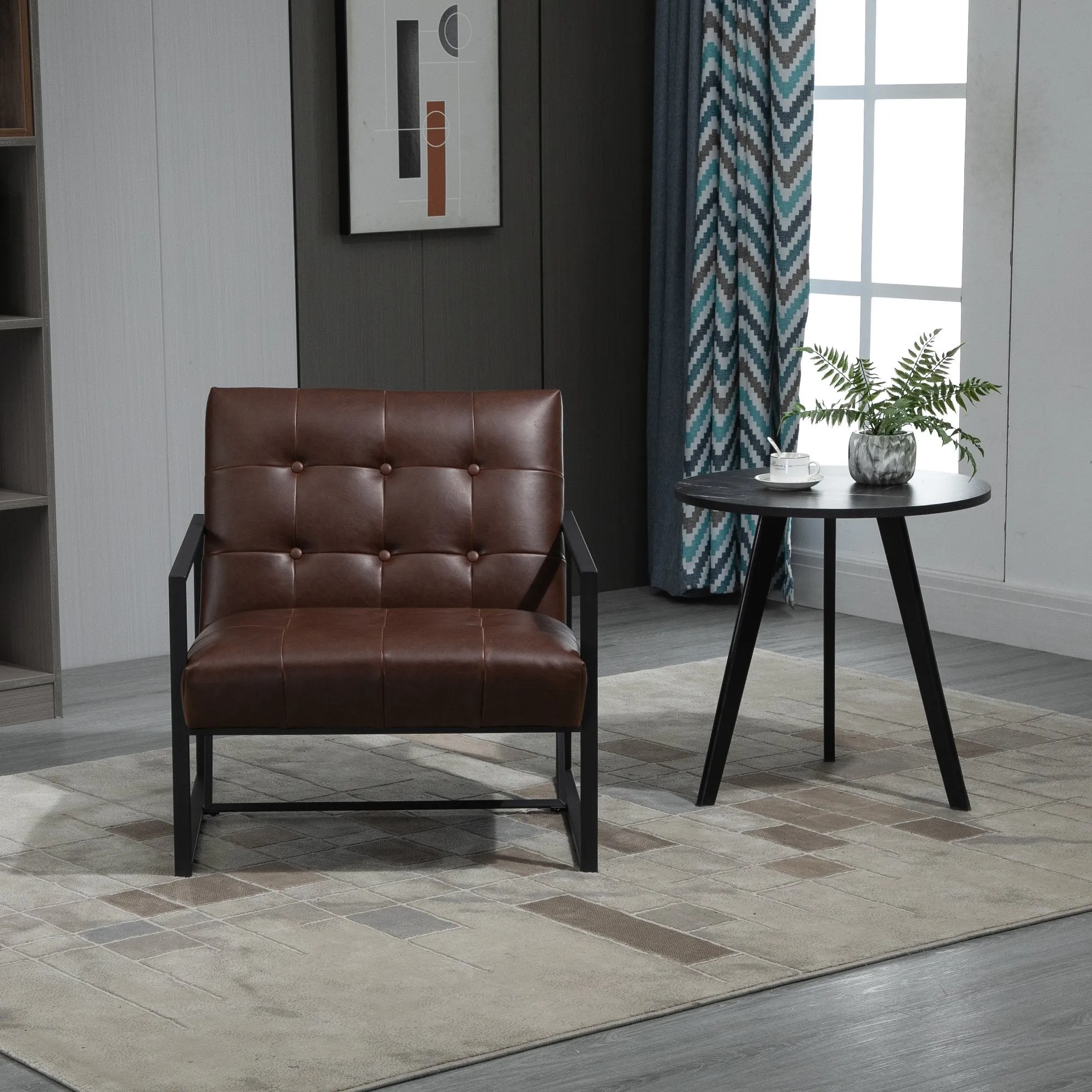 armchair polon style quilted with buttons, modern metal armchair and PU armchair, 75x81x78cm brown - Image 2