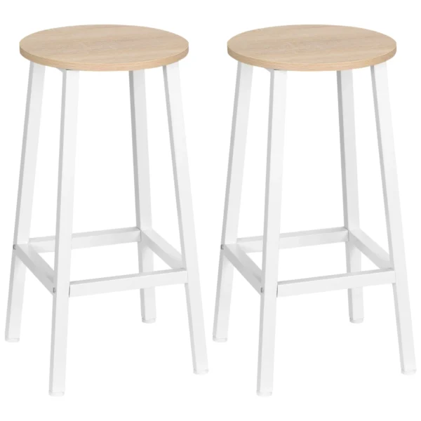 Set of 2 Kitchen Stools in Chipboard and Steel with Smooth Top and Footrest, 32.5x32.5x65 cm, White and Wood