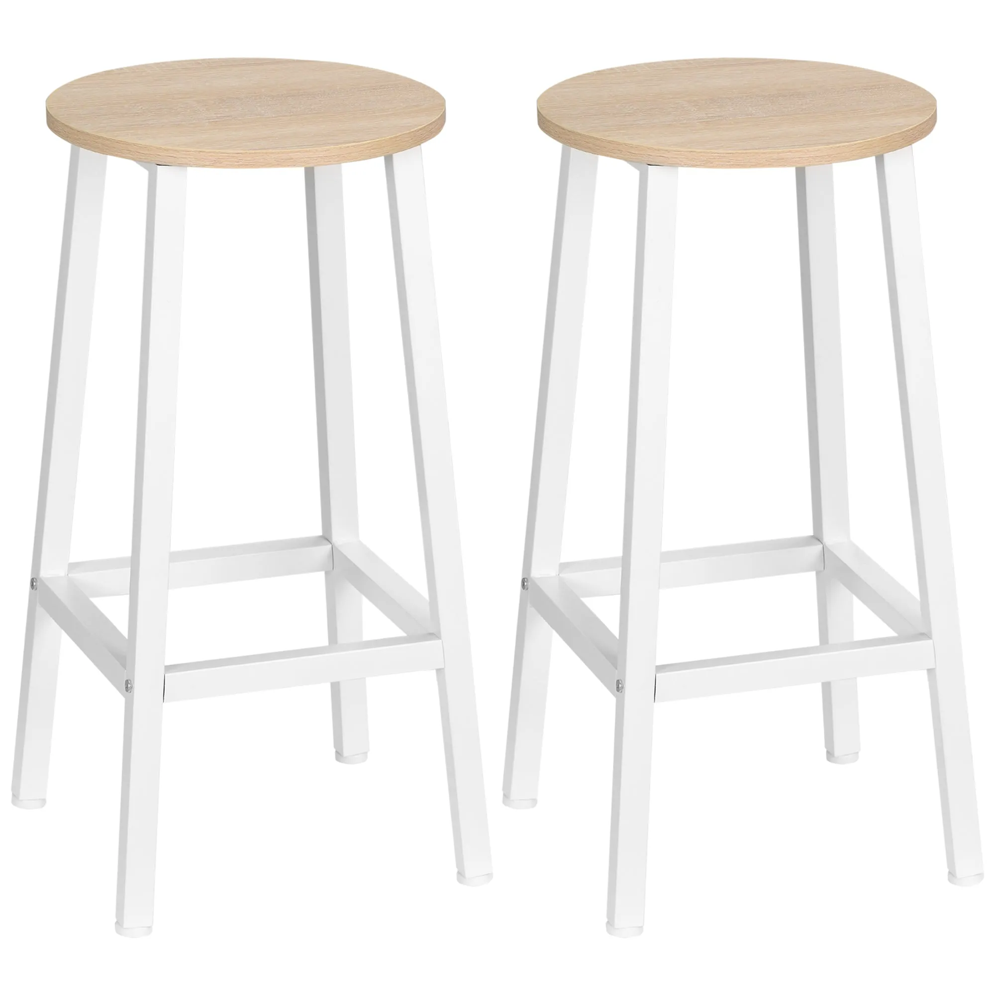 Set of 2 Kitchen Stools in Chipboard and Steel with Smooth Top and Footrest, 32.5x32.5x65 cm, White and Wood