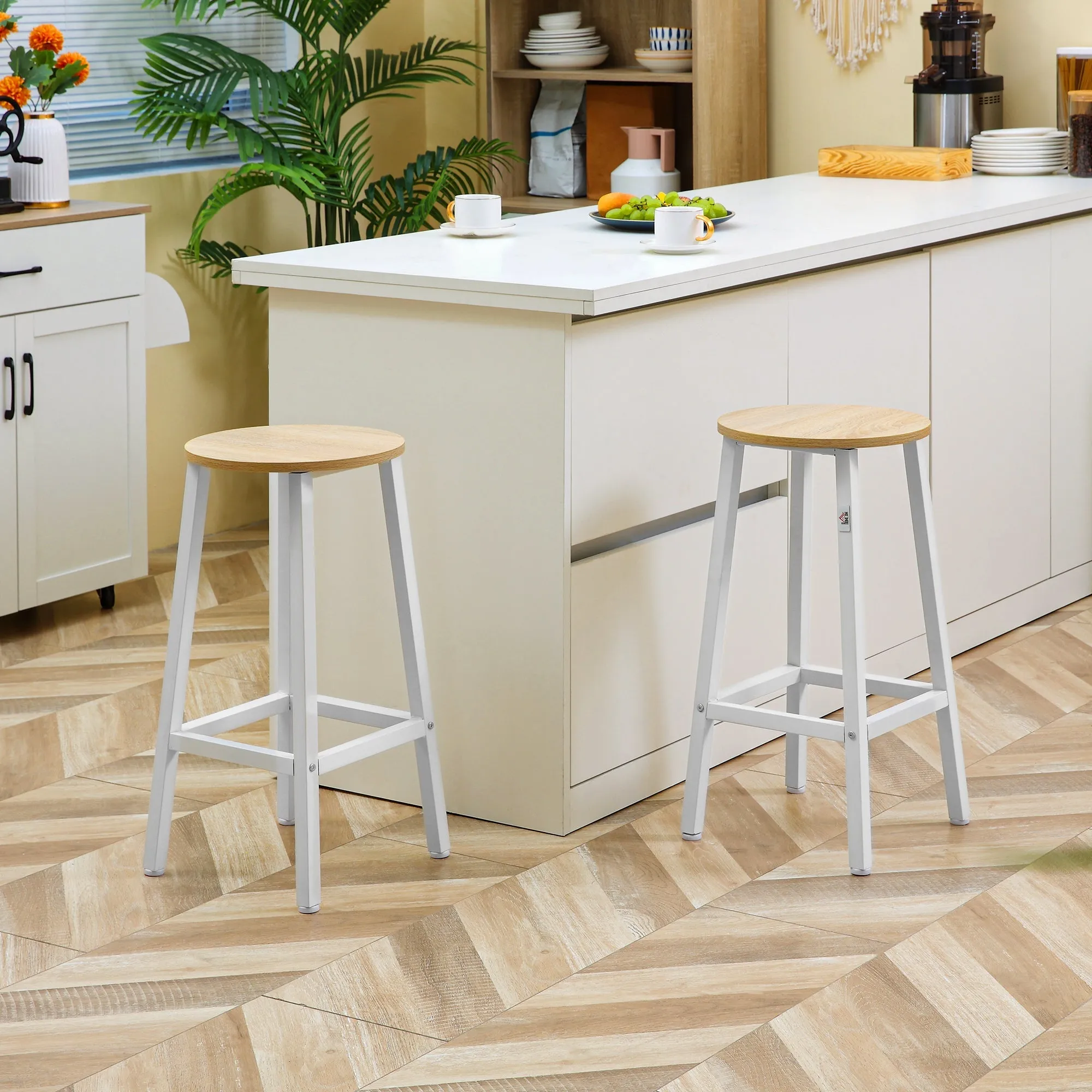Set of 2 Kitchen Stools in Chipboard and Steel with Smooth Top and Footrest, 32.5x32.5x65 cm, White and Wood - Image 2