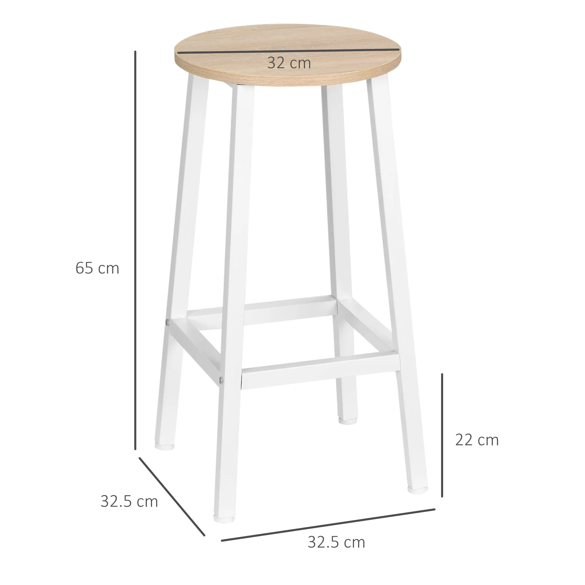 Set of 2 Kitchen Stools in Chipboard and Steel with Smooth Top and Footrest, 32.5x32.5x65 cm, White and Wood - Image 3