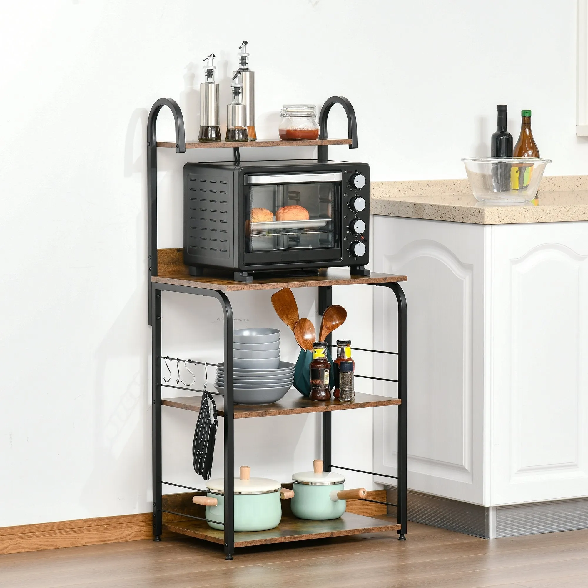 Kitchen Mobile 4 shelves and steel hooks and wood 60x40x125cm, wood - Image 2