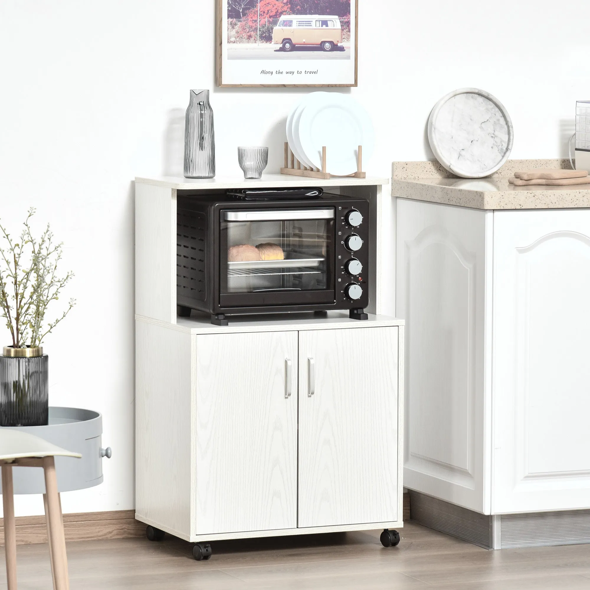 Kitchen Mobile With Cut Rock For Smart Wooden Microwave, 60.4x40.3x97cm White - Image 2