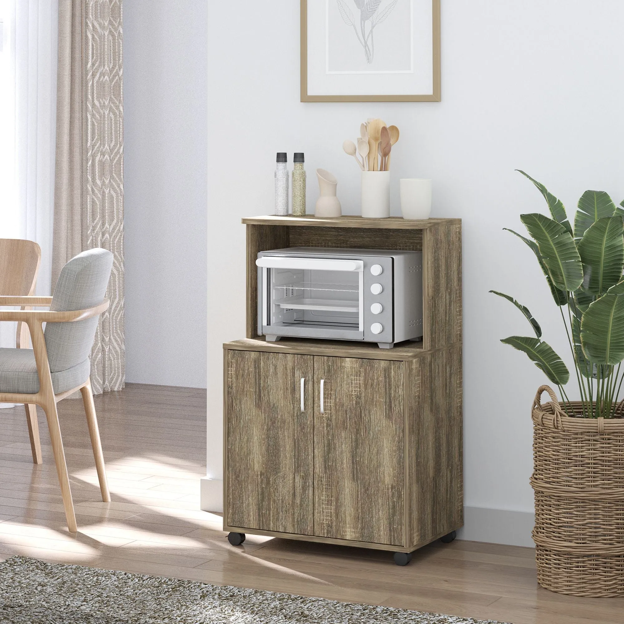 Miglio Multiuse kitchen with 4 wheels, locker and microwave shelf, 60.4x40.3x97cm - wood - Image 2