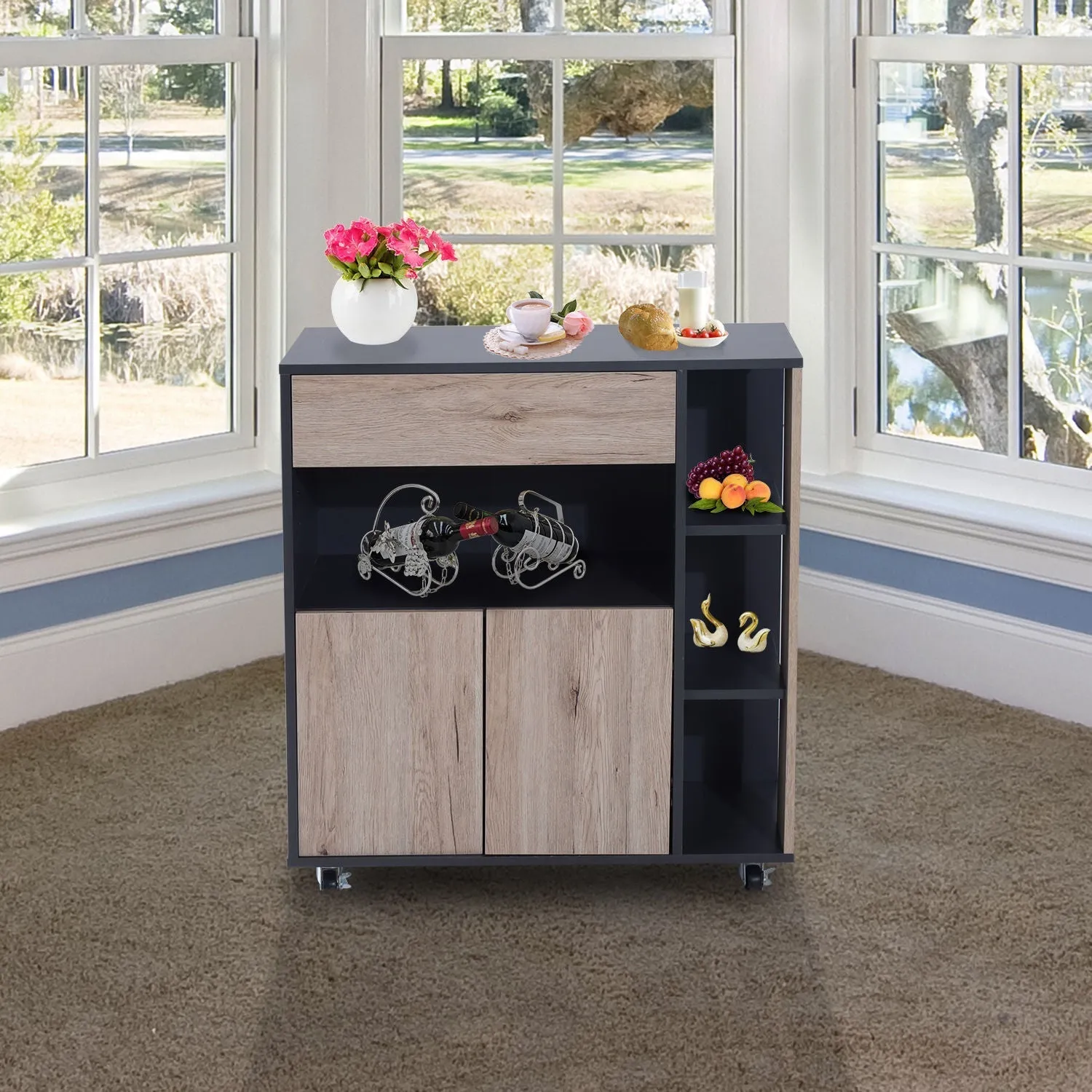 Multiuse wooden kitchen auxiliary cabinet with wheels, 80x39x86.5cm - Image 2
