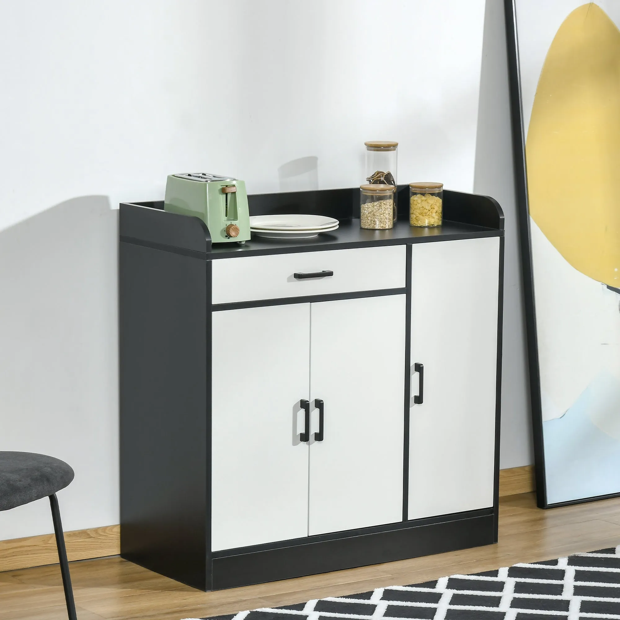 Modern Kitchen Cabinet in MDF with 2 lockers, 1 drawer and adjustable shelves, 90x40x90 cm, black and white - Image 2