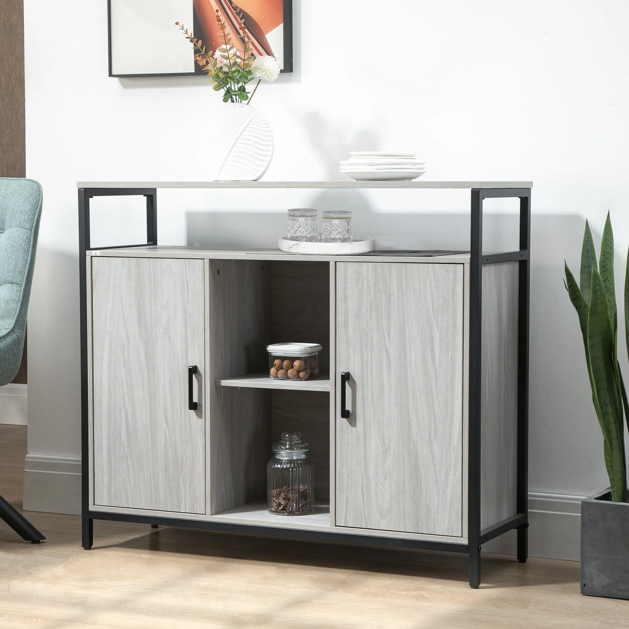Modern wooden belief with 2 lockers and shelves, 100x34x87.2cm, light Grey - Image 2