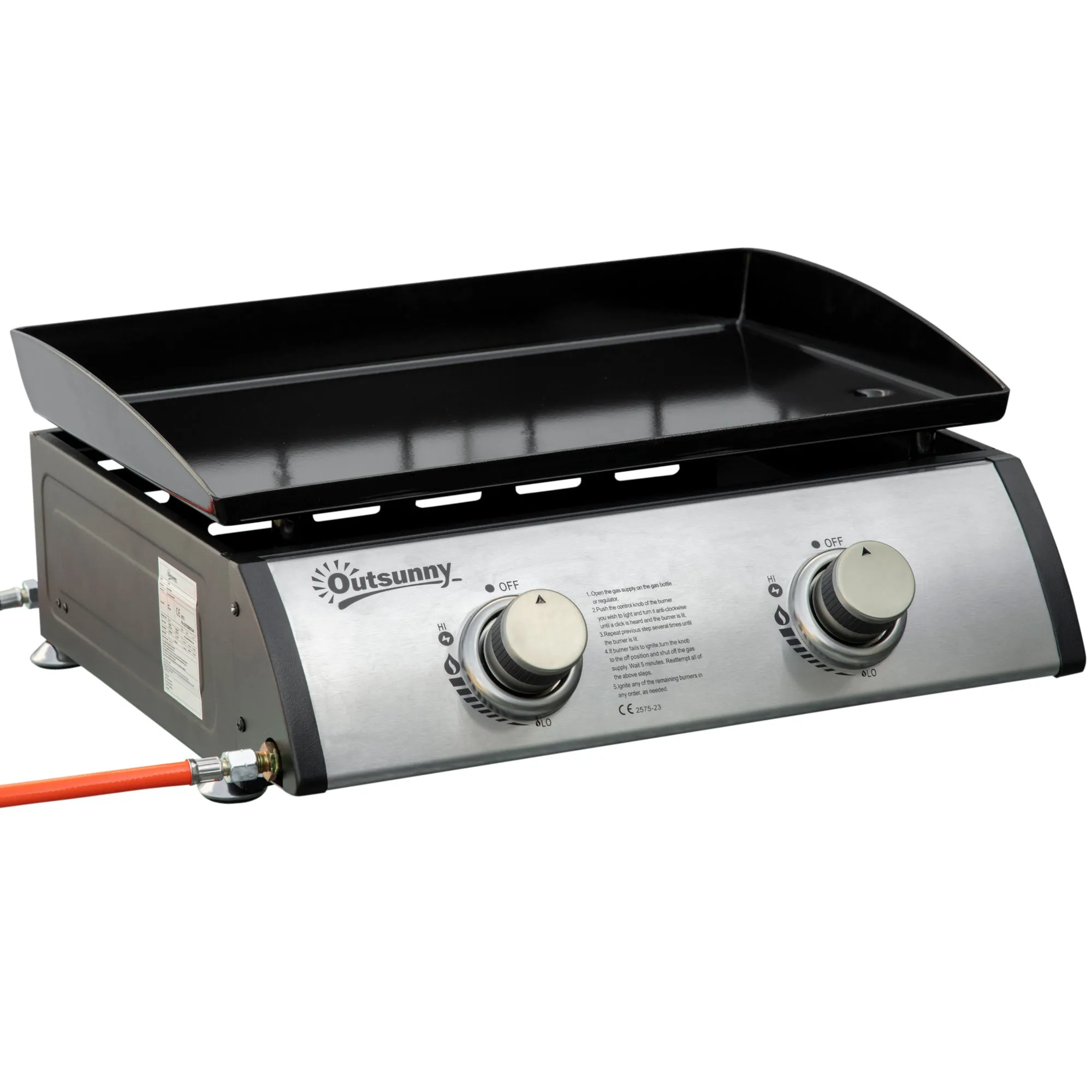 Tabletop Gas Barbecue Plate with 2 Burners and 6kW Power, 48.5x46x21cm, Black