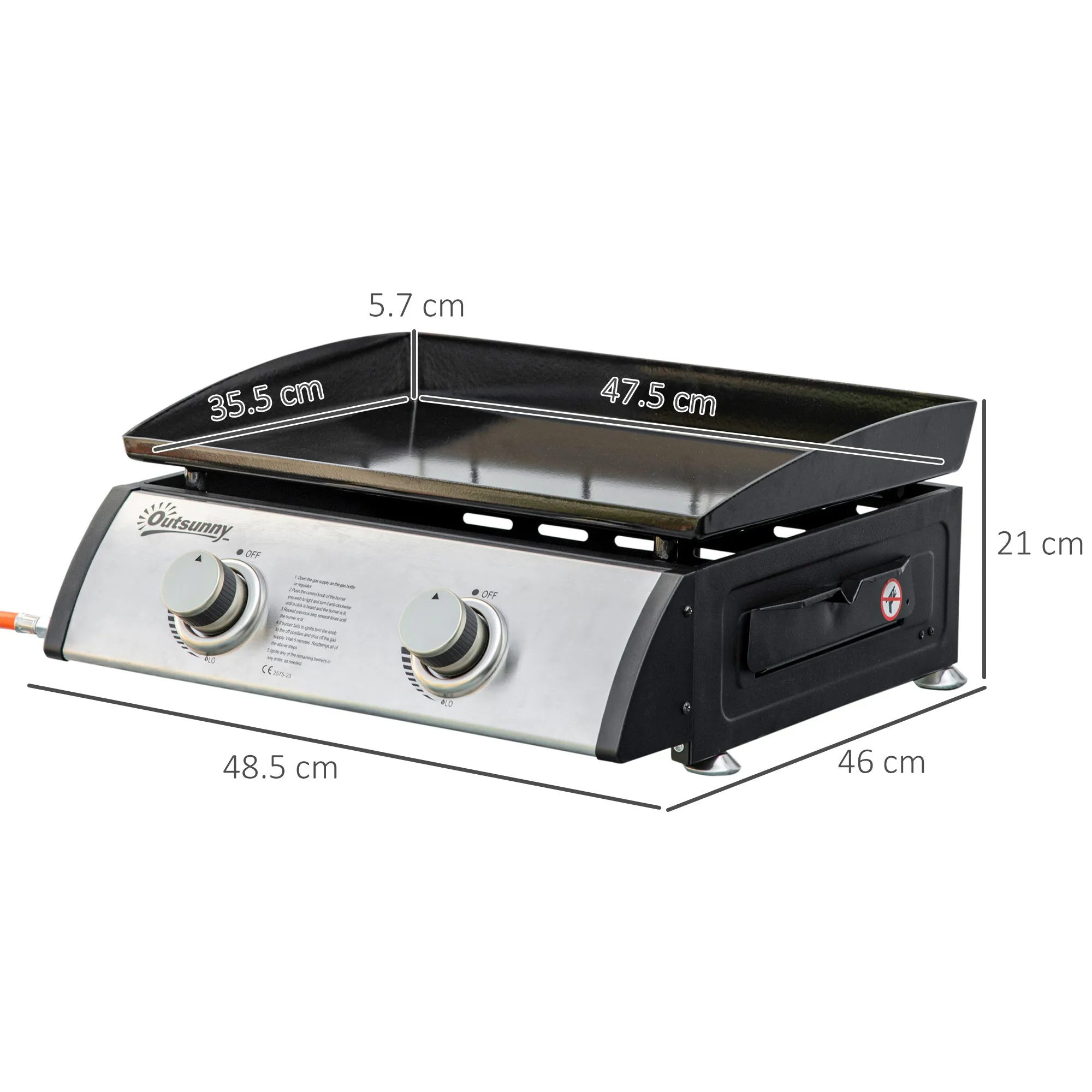 Tabletop Gas Barbecue Plate with 2 Burners and 6kW Power, 48.5x46x21cm, Black - Image 3