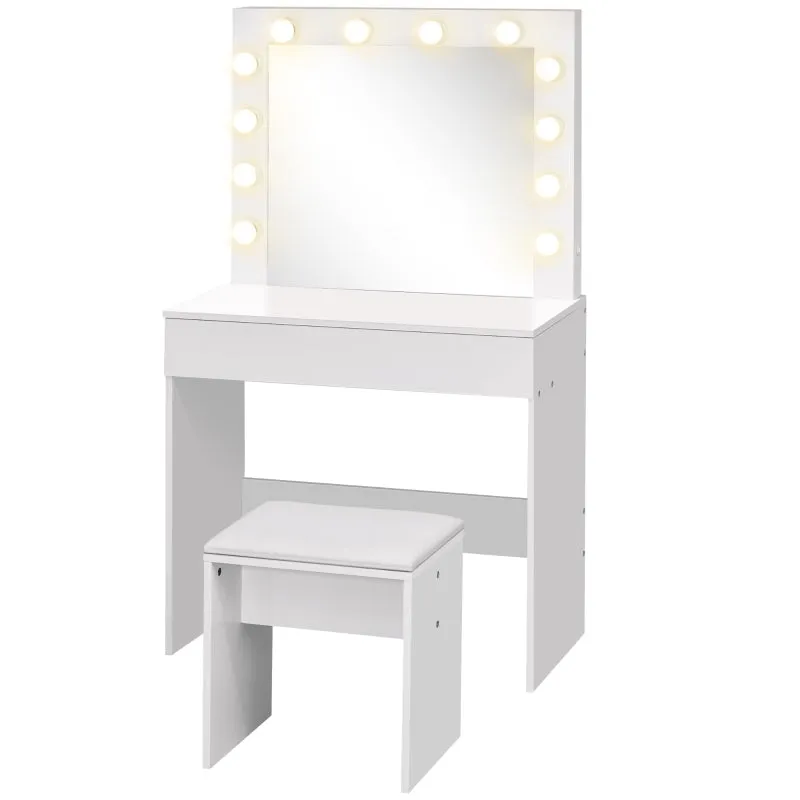 Hollywood Vanity Mirror with 12 LED Lights and White Wooden Stool - Image 2