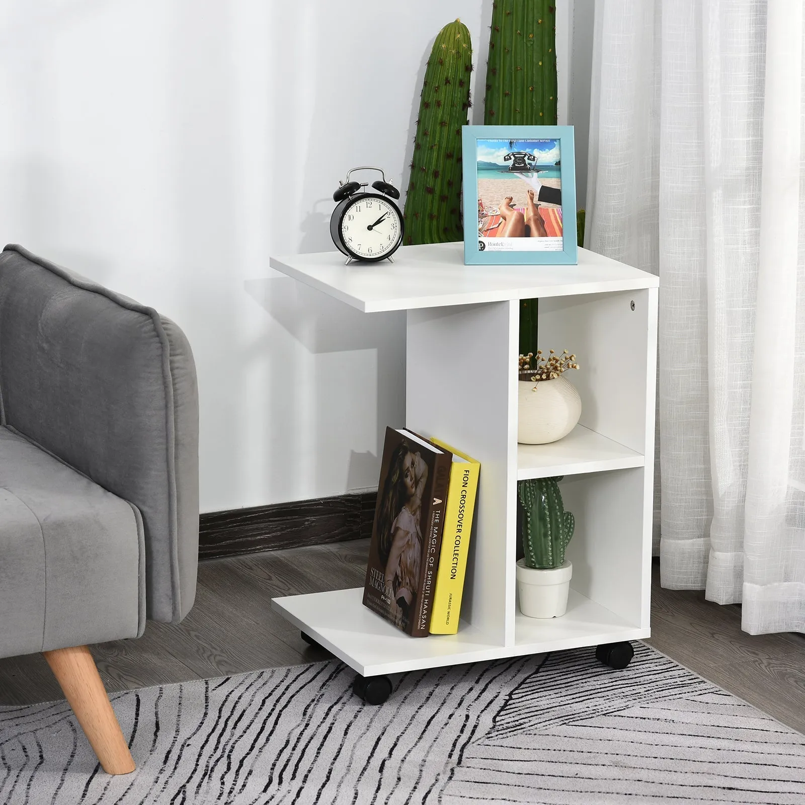 C-Shaped Coffee Table with 2 Open Shelves and 4 Swivel Wheels, in MDF and PE, 45x35x58 cm, White - Image 2