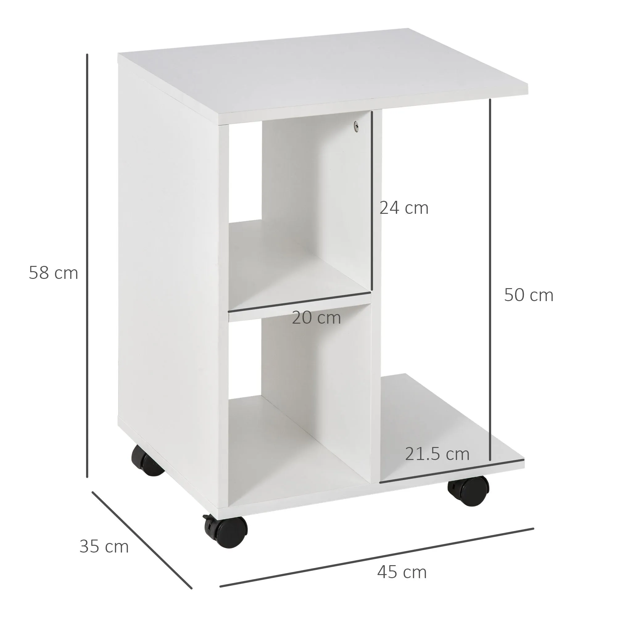 C-Shaped Coffee Table with 2 Open Shelves and 4 Swivel Wheels, in MDF and PE, 45x35x58 cm, White - Image 3