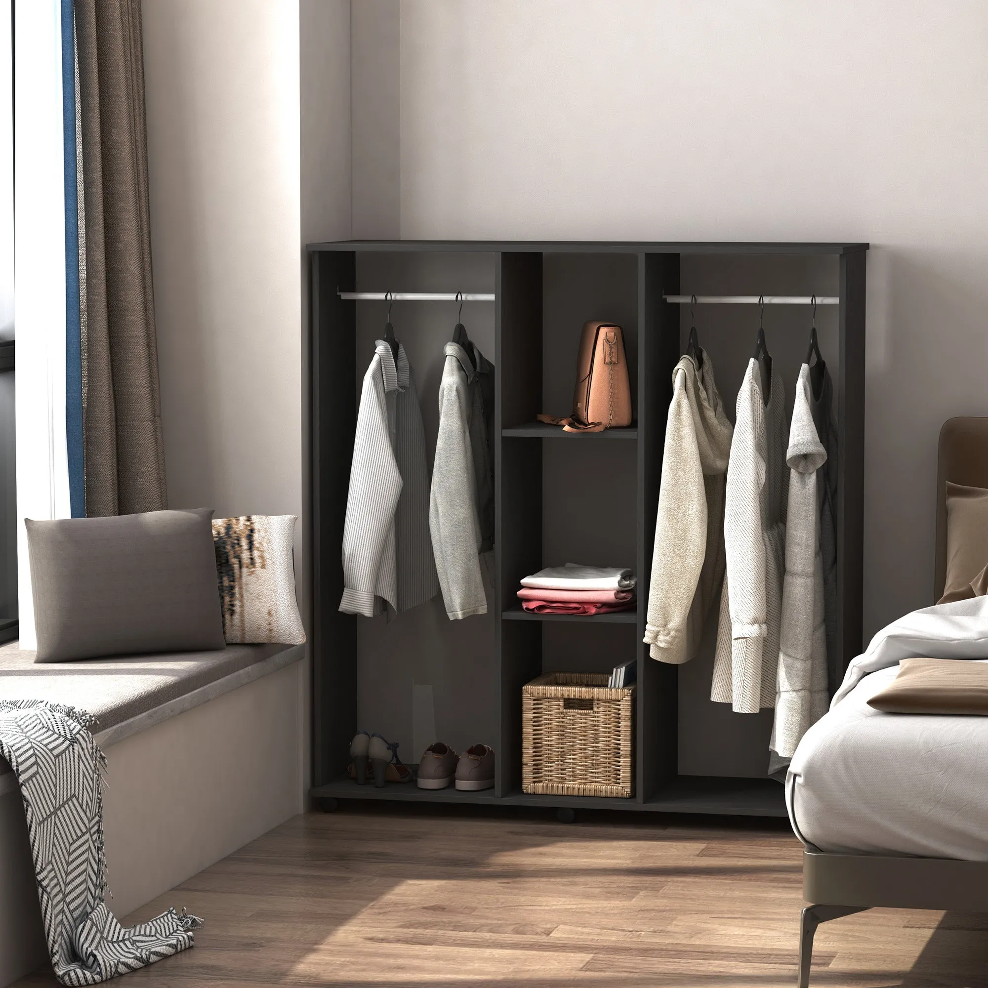 wardrobe wardrobe with 5 shelves with wheels and bars in wood and aluminum, black, 120x40x128cm - Image 2