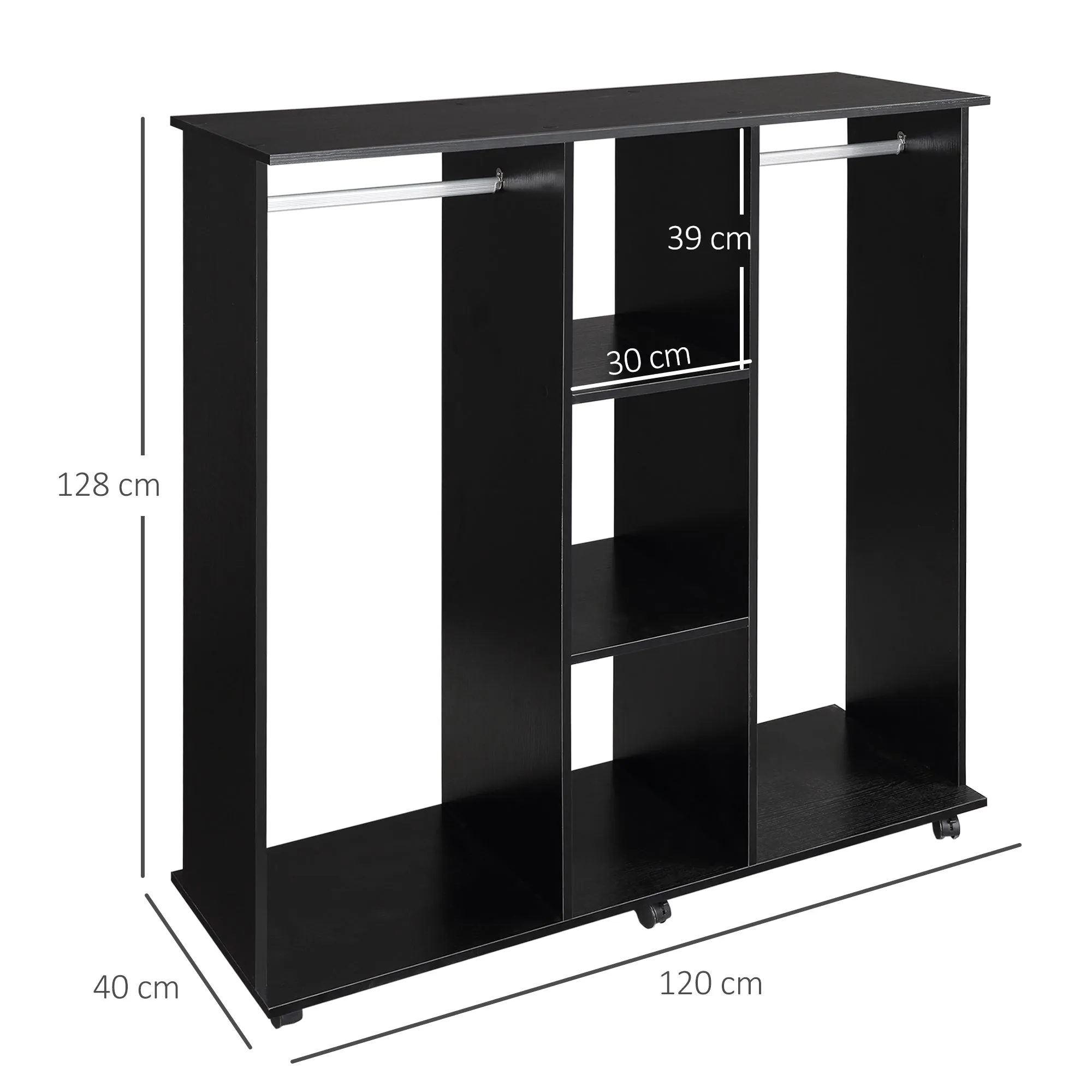 wardrobe wardrobe with 5 shelves with wheels and bars in wood and aluminum, black, 120x40x128cm - Image 3