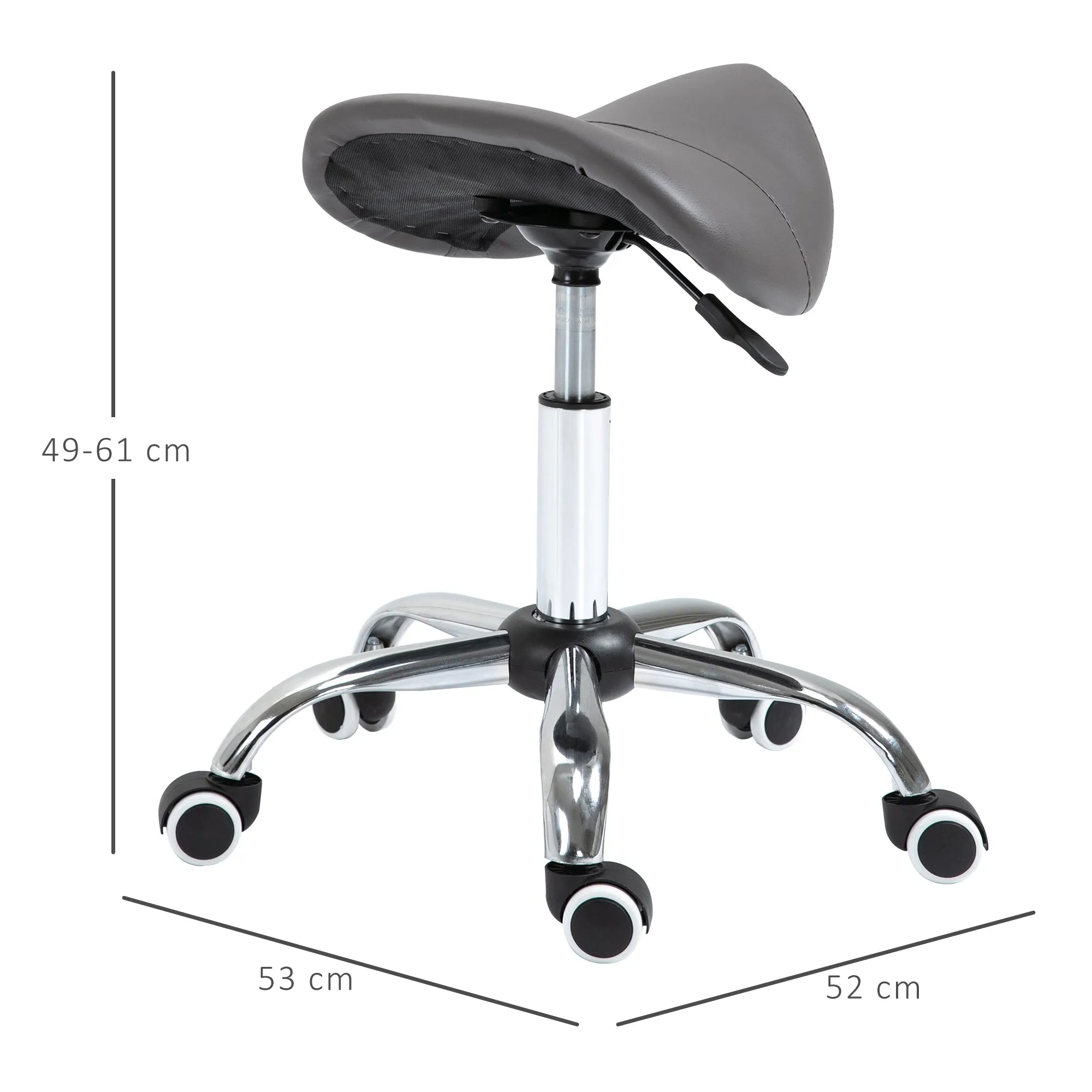 Saddle Stool with Wheels and Adjustable Height for Hairdressing and Tattoo Shops, 52x53x49-61cm Grey - Image 3
