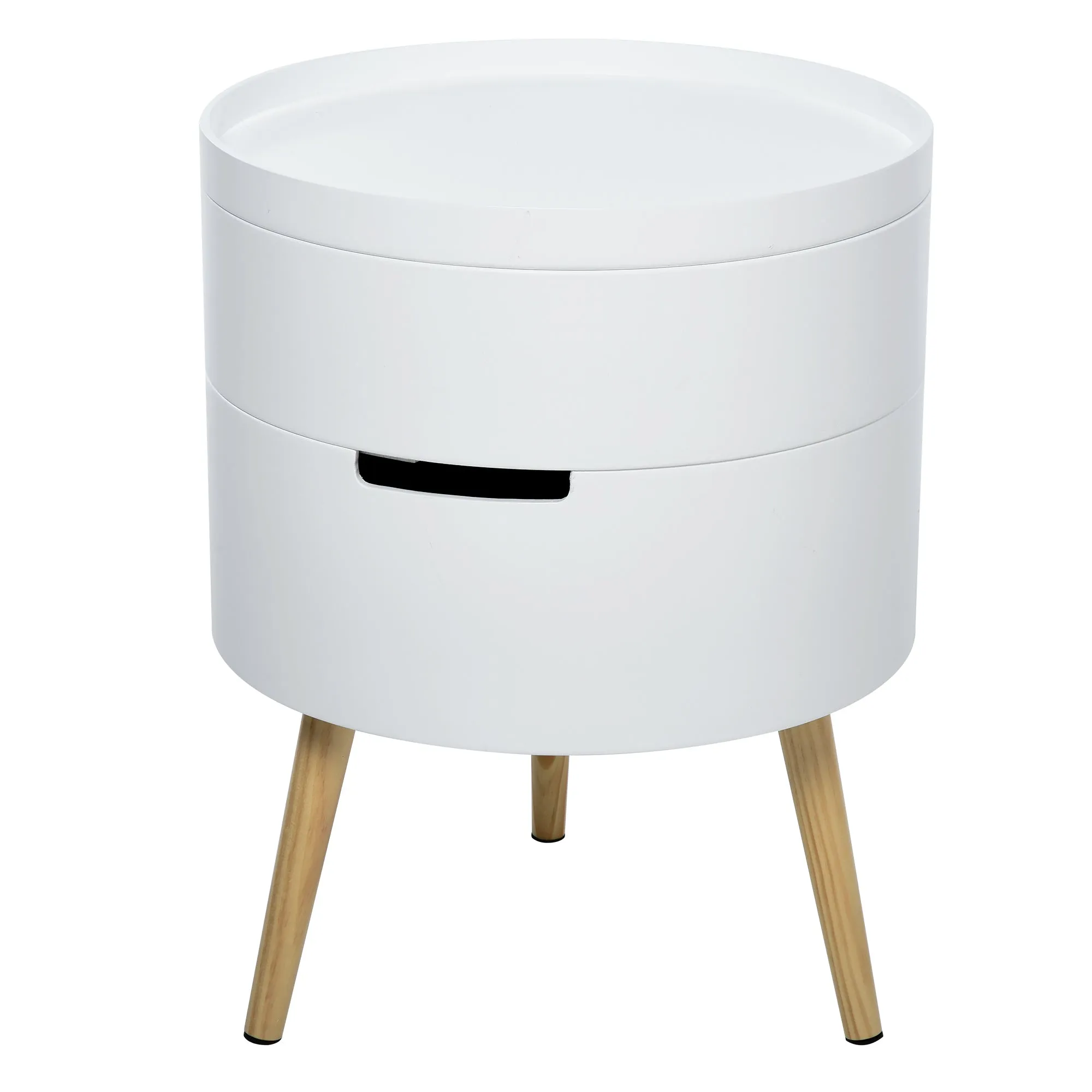 Round coffee table with rotation opening and removable white wood tray