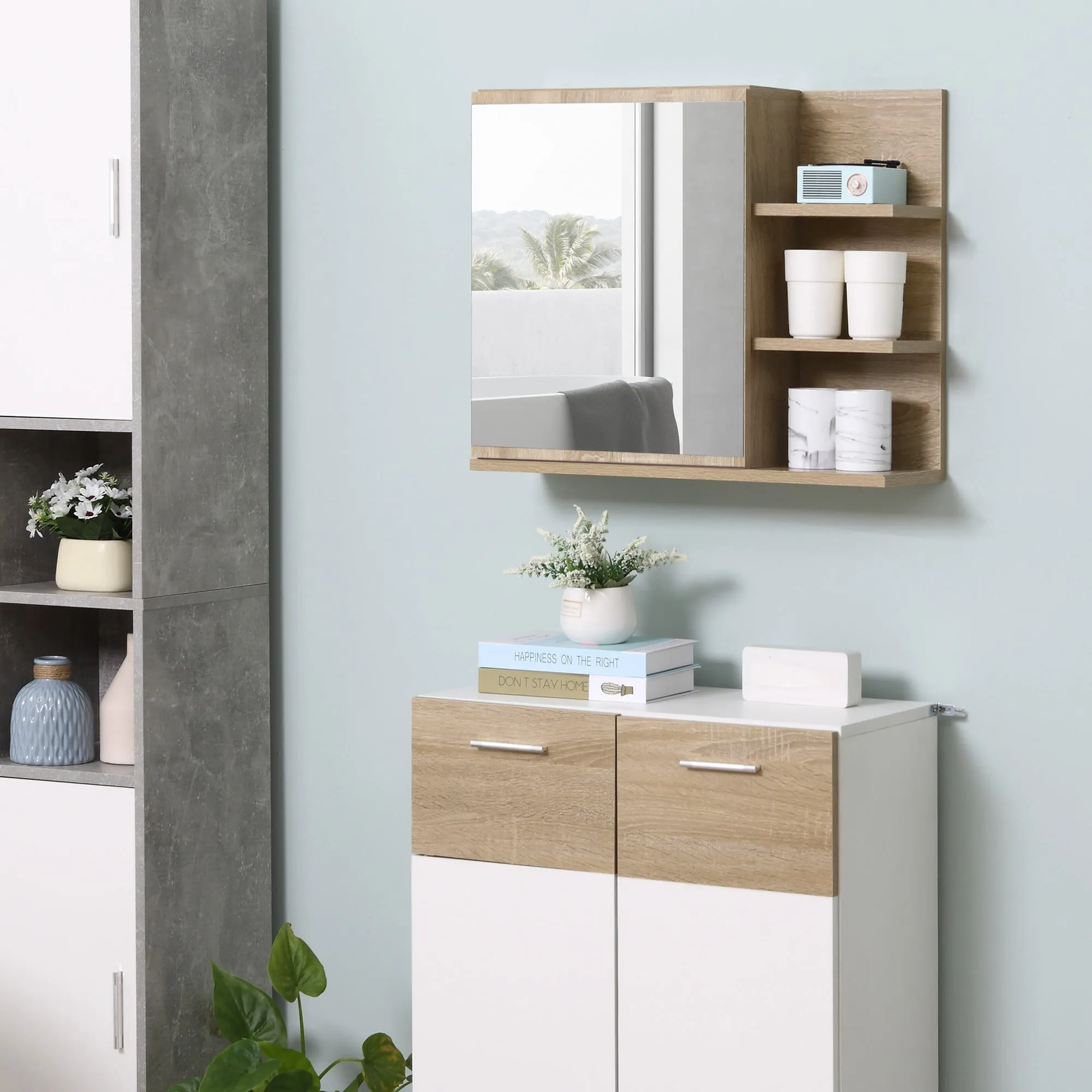 Kleankin Wall Bathroom Mirror With Door And 3 Wooden Side Shelves, 60x18x50cm - Image 2