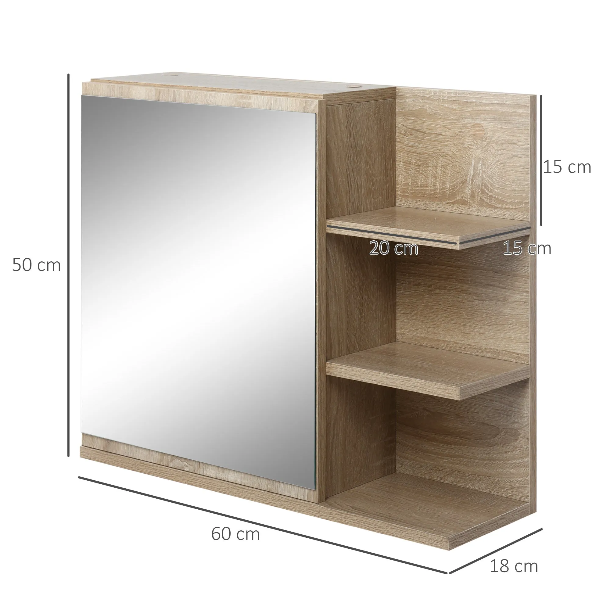 Kleankin Wall Bathroom Mirror With Door And 3 Wooden Side Shelves, 60x18x50cm - Image 3