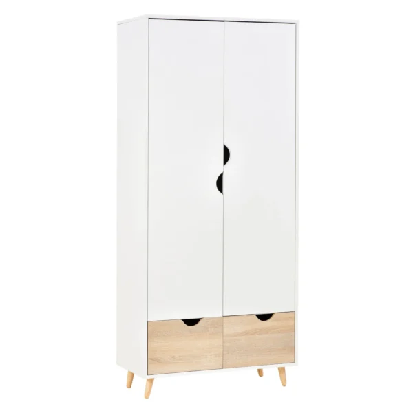 2-Door Wooden Wardrobe with 1 Shelf, 1 Hanger, 2 Drawers with Carved Handles, White 80x40x180cm