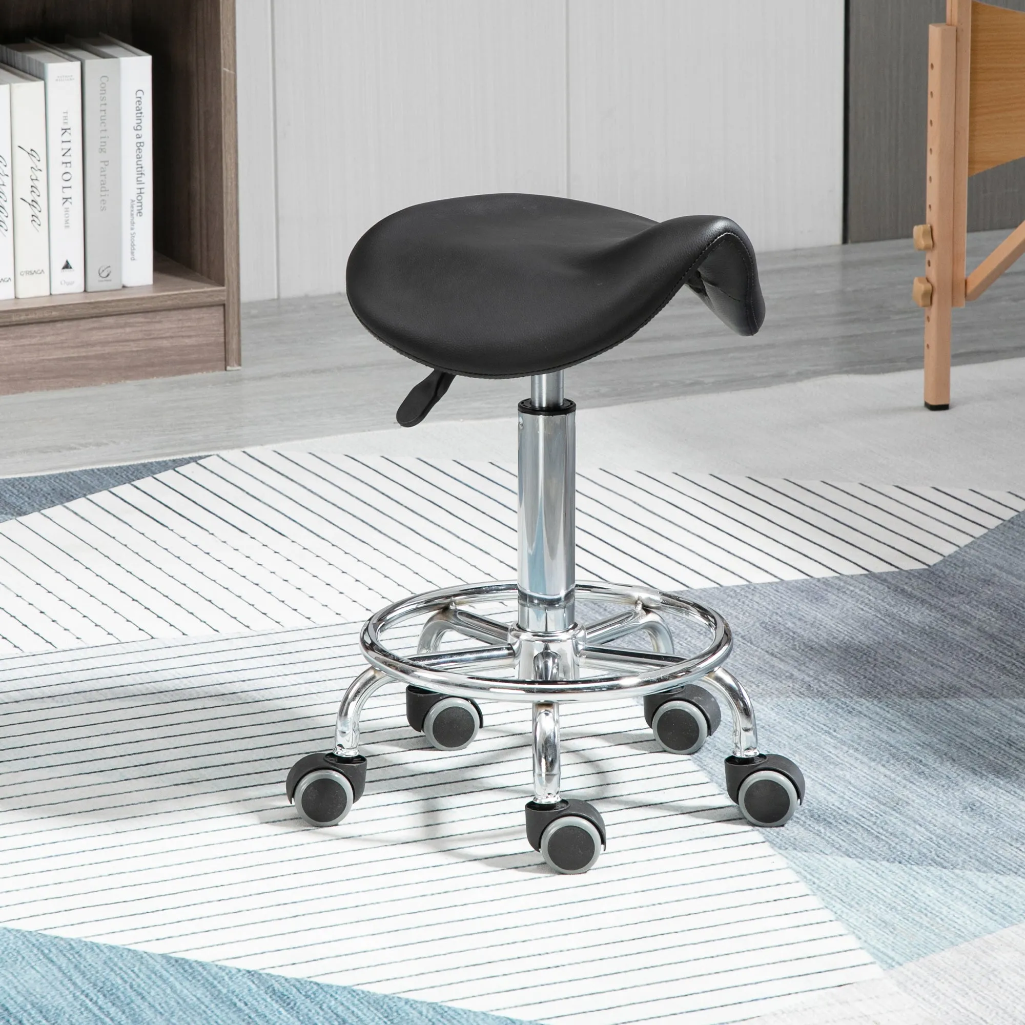 Height Adjustable Stool with 5 Wheels and Ergonomic Foam Padded Seat, 36.2x37. 5x51-66 cm, Black - Image 2