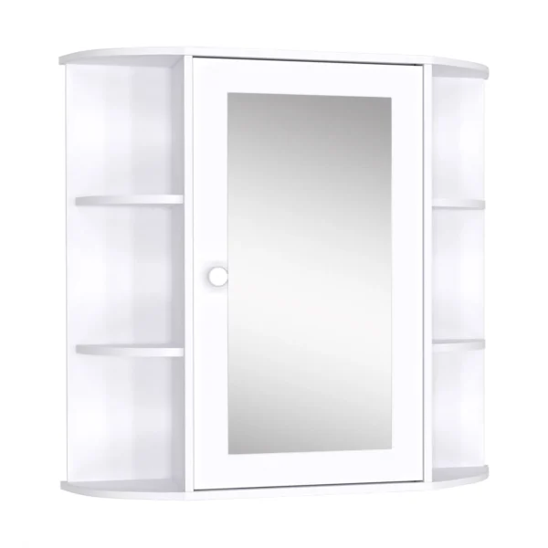 Wall cabinet with mirror and shelves for white wooden bathroom 66 x 17 x 63 cm