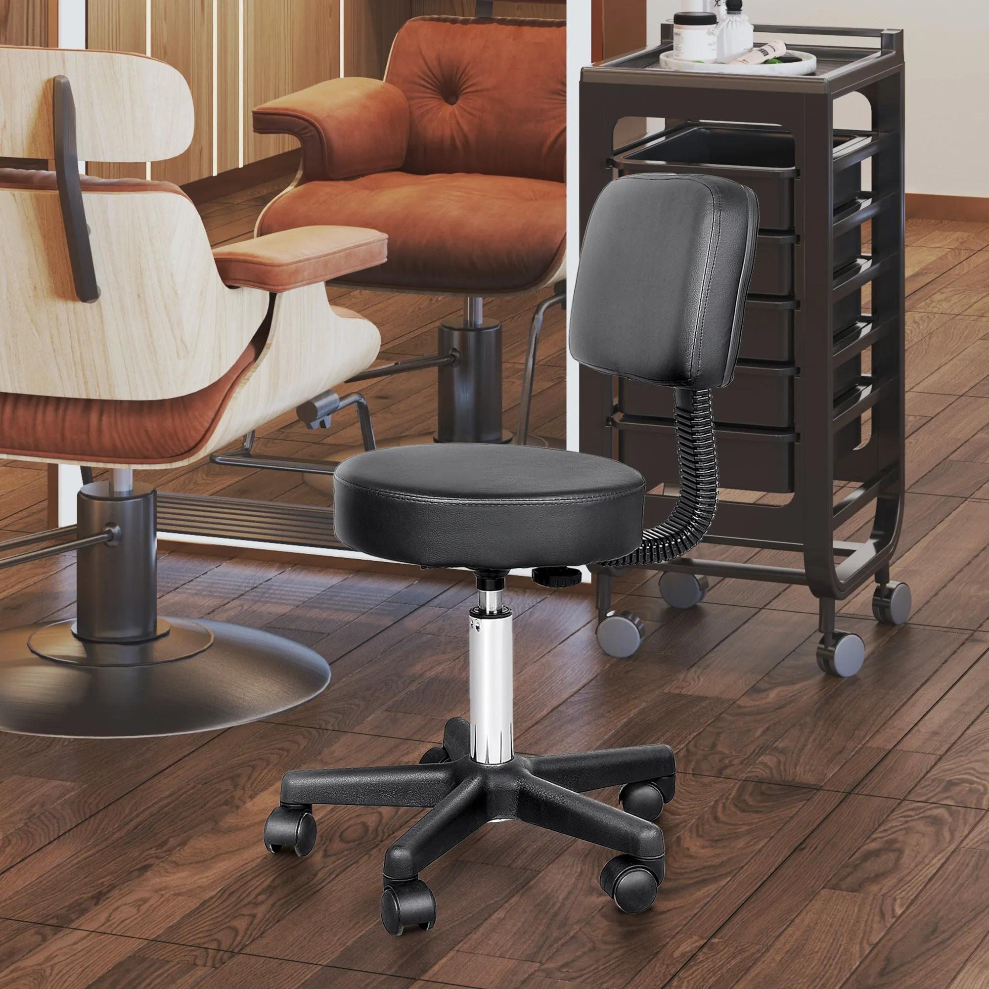 Swivel Stool with Backrest, Height-Adjustable Faux Leather Living Room Chair, Black - Image 2
