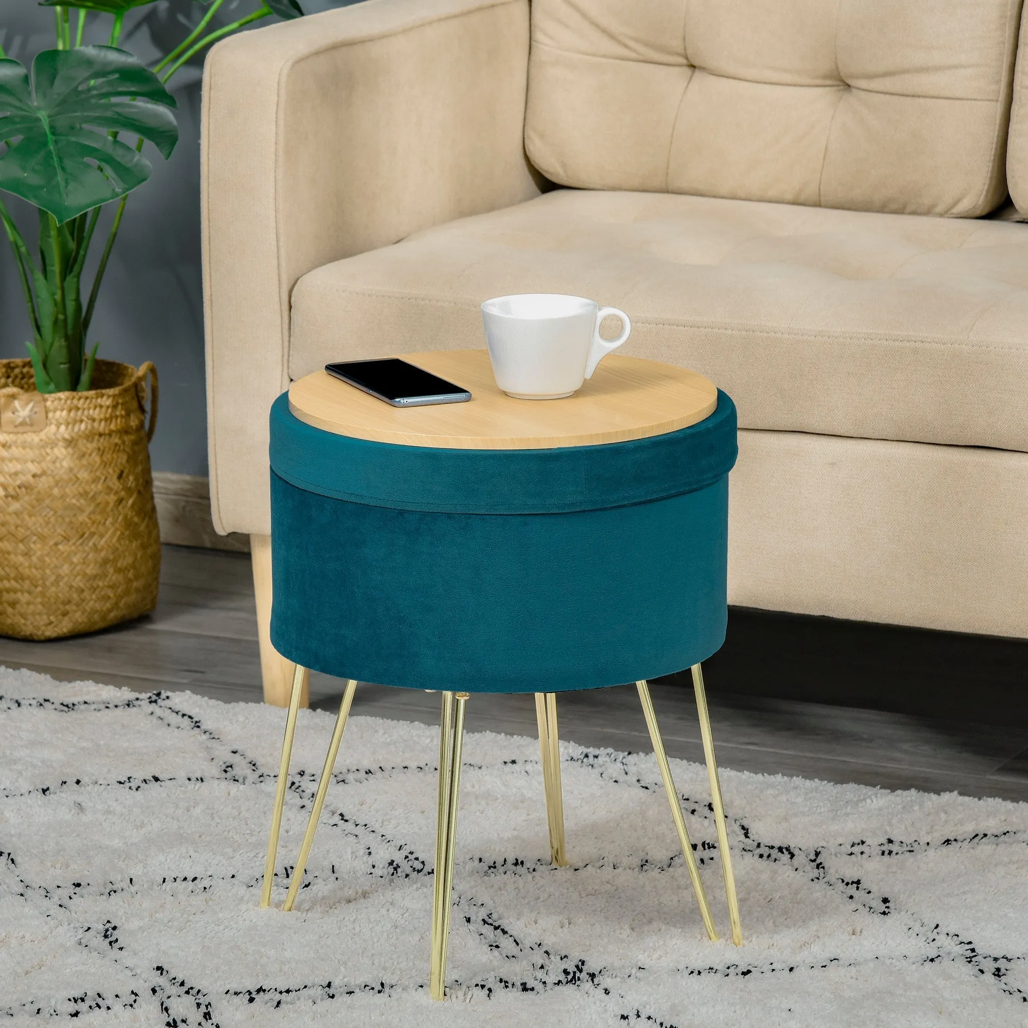 2 in 1 Storage Ottoman with Stool and Coffee Table Function, in Wood and Green Fabric, Metal with Gold Finish, 36x36x45cm - Image 2