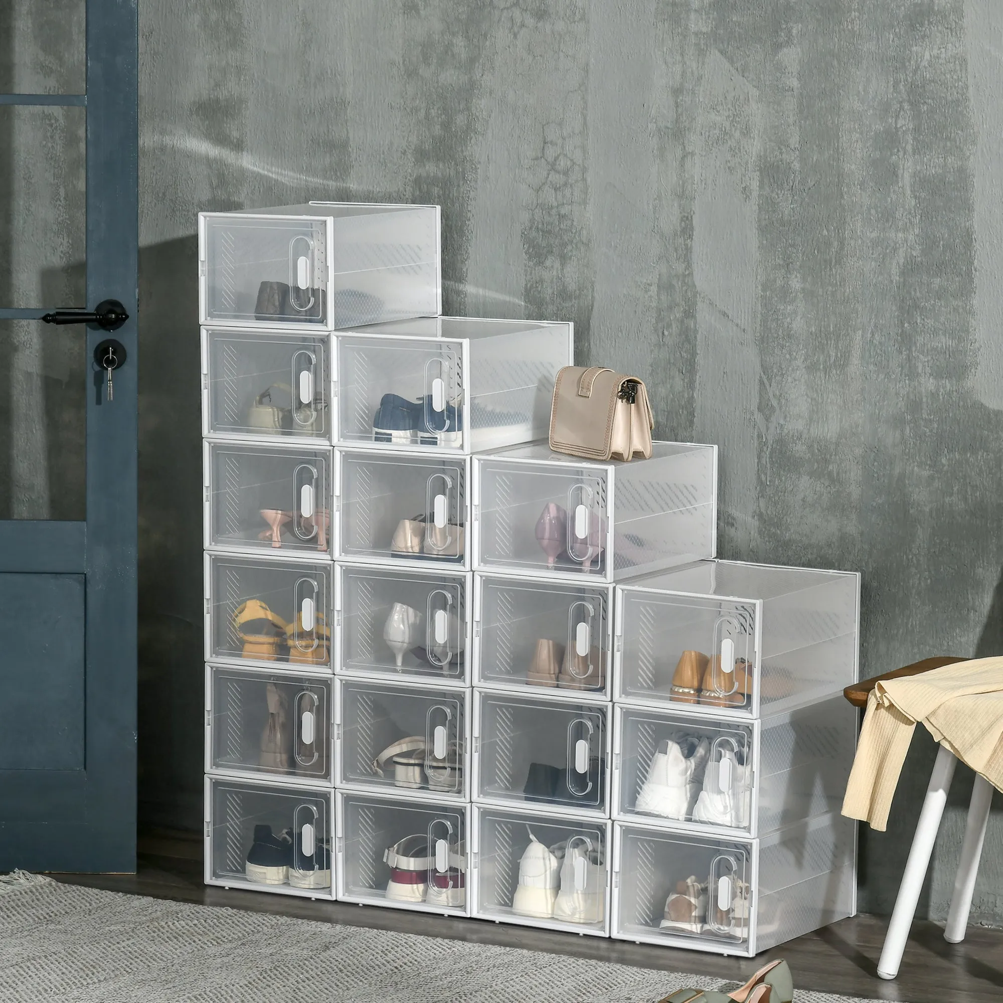 Rectangular Shoe Rack in PP Plastic, 18 Boxes 25x35x19 cm for Shoes max 43 EU, Clothes and Books - Image 2