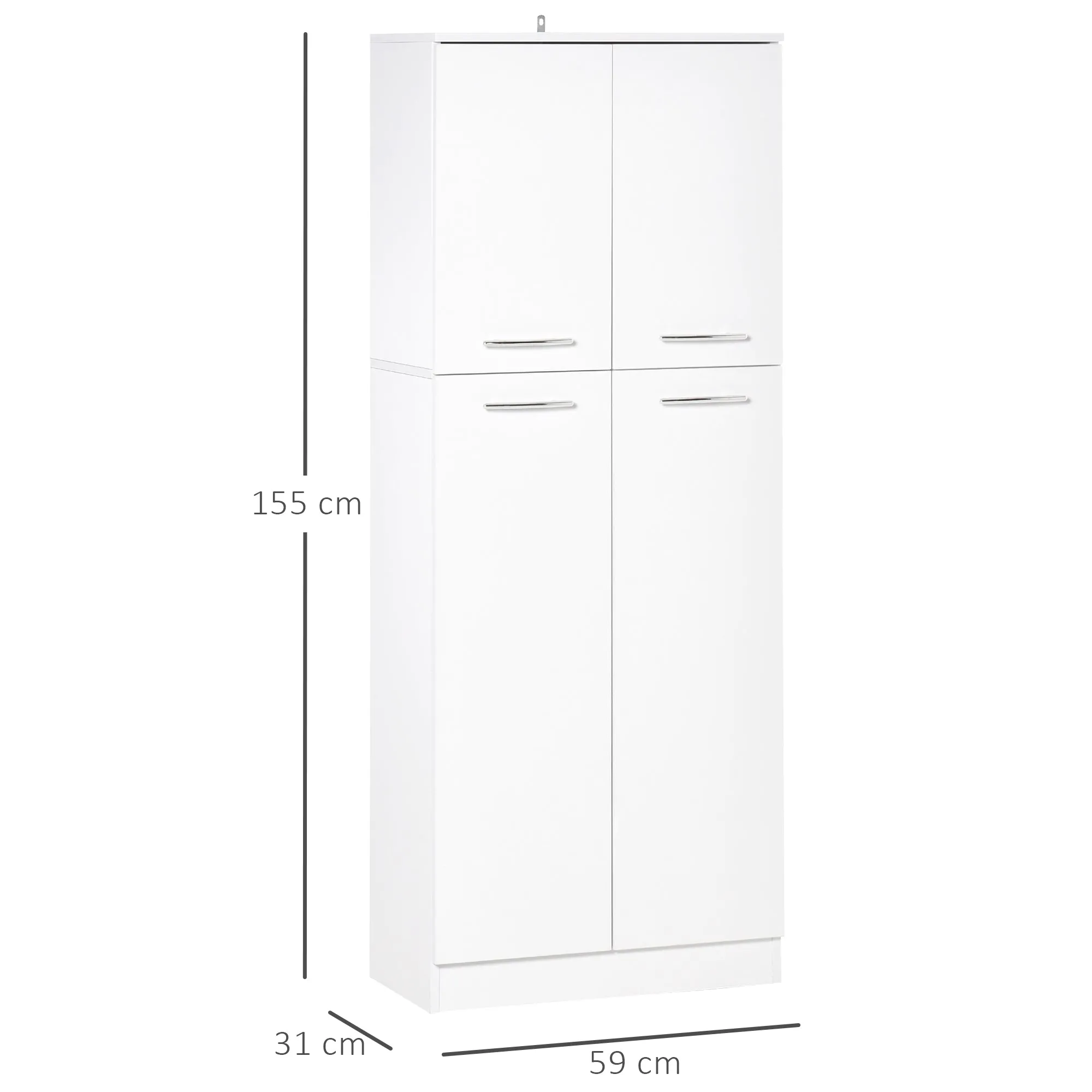 Multipurpose Pantry Cabinet with 2 Cabinets and Adjustable Shelves, MDF, 59x31x155cm, White - Image 3