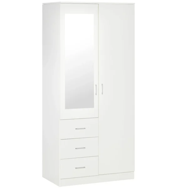 Modern wardrobe 2 doors with mirror and 3 drawers, adjustable shelves and bend bar, 80x50x180cm, white