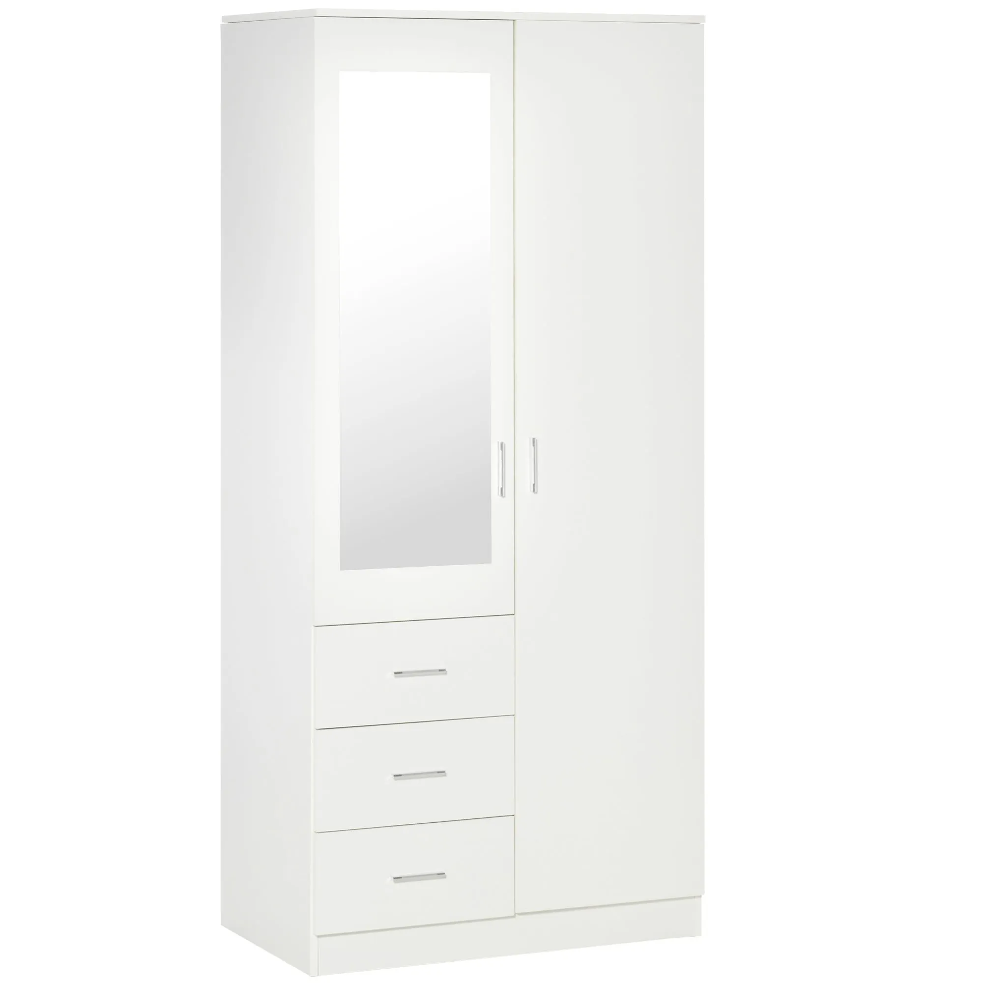 Modern wardrobe 2 doors with mirror and 3 drawers, adjustable shelves and bend bar, 80x50x180cm, white