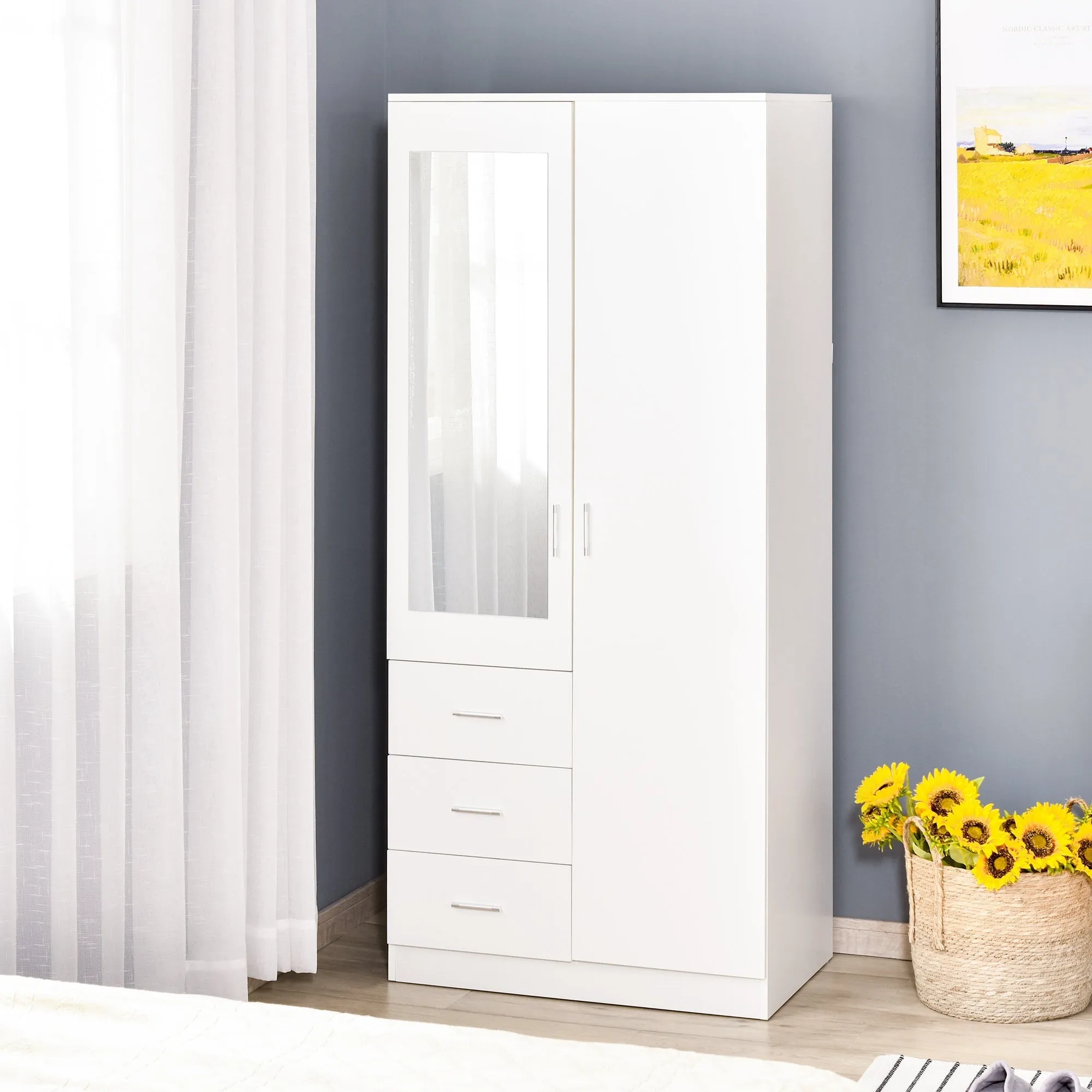 Modern wardrobe 2 doors with mirror and 3 drawers, adjustable shelves and bend bar, 80x50x180cm, white - Image 2