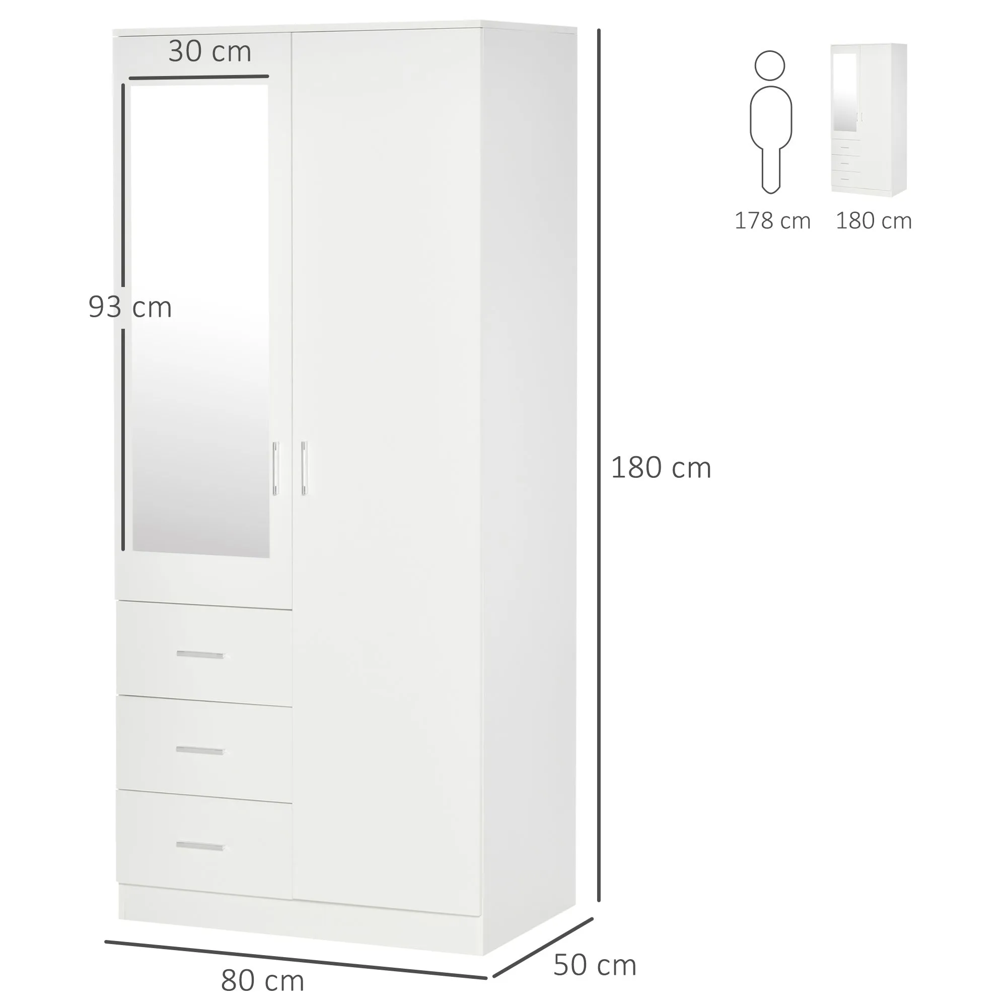 Modern wardrobe 2 doors with mirror and 3 drawers, adjustable shelves and bend bar, 80x50x180cm, white - Image 3