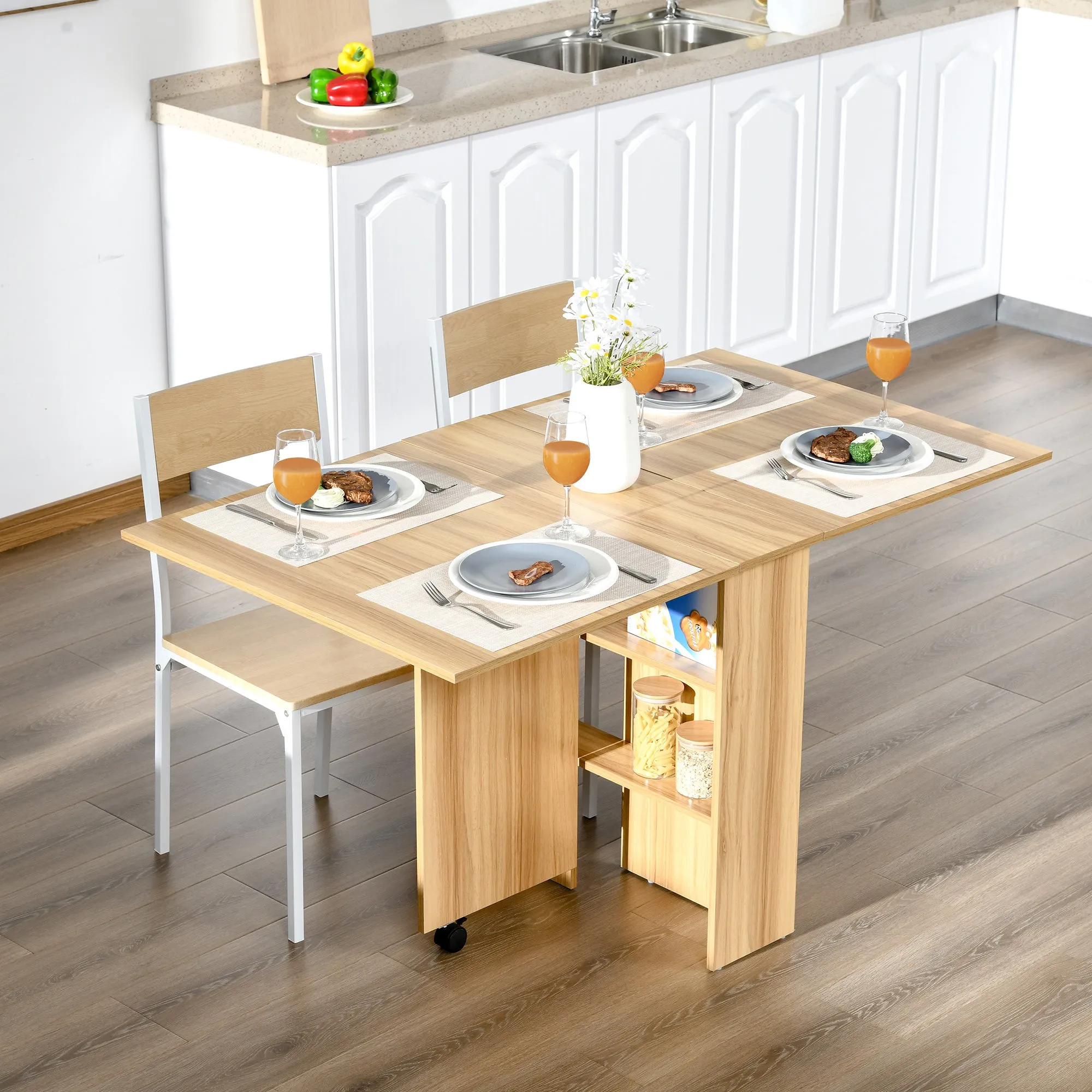 Folding Dining Table, Drop-Leaf Table for 4-6 People, Modern Space-Saving Kitchen Table with 2 Shelves and 2 Wheels, Wooden, 140x80x74 cm, Wood Color - Image 2