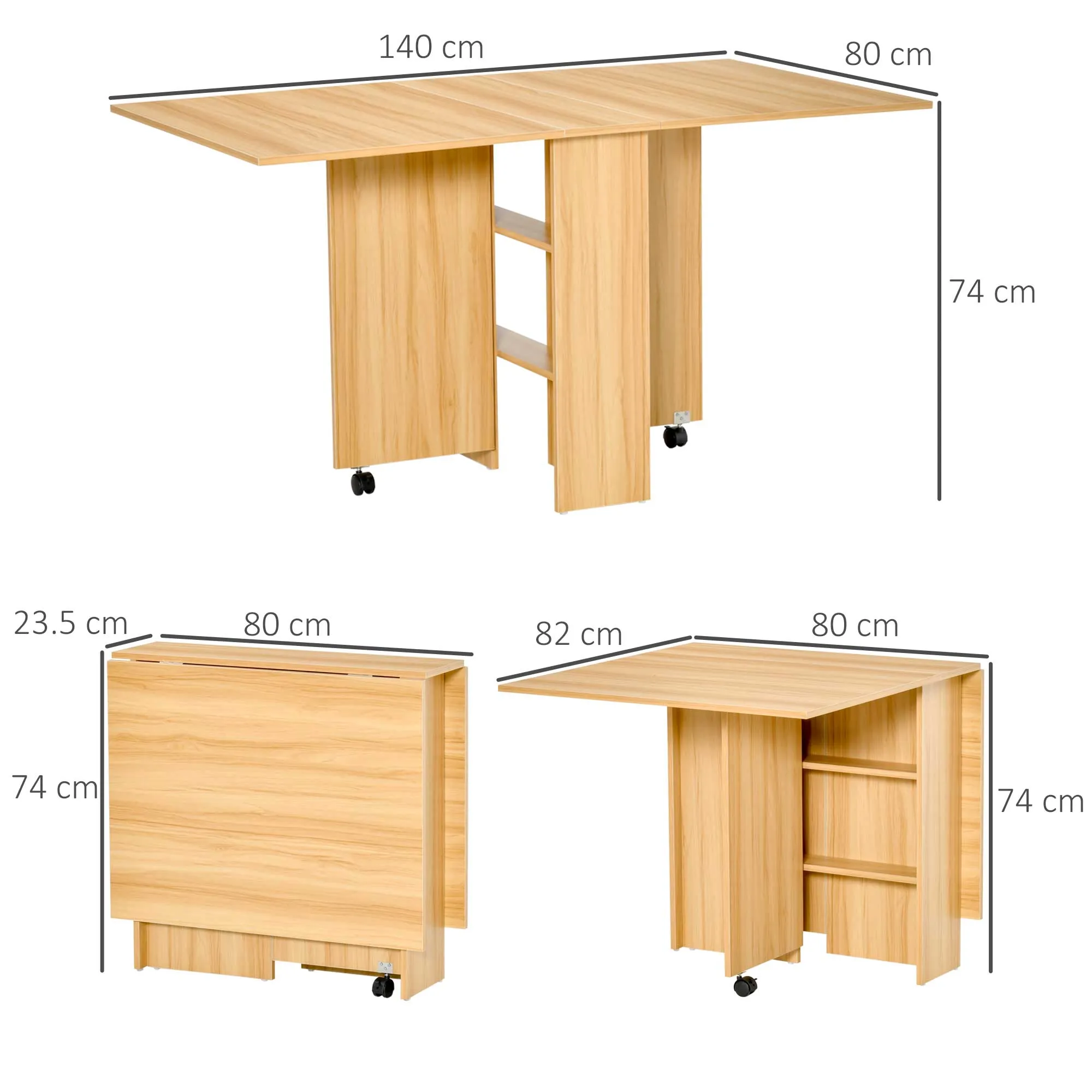 Folding Dining Table, Drop-Leaf Table for 4-6 People, Modern Space-Saving Kitchen Table with 2 Shelves and 2 Wheels, Wooden, 140x80x74 cm, Wood Color - Image 3