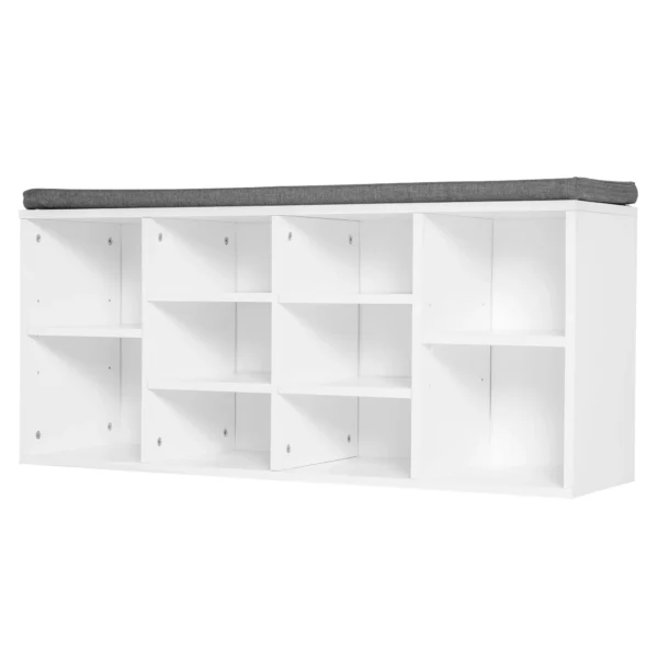 Shoe Rack Bench 8-10 Pairs of Shoes Adjustable Shelves, Wood, White, 104 x 30 x 48 cm