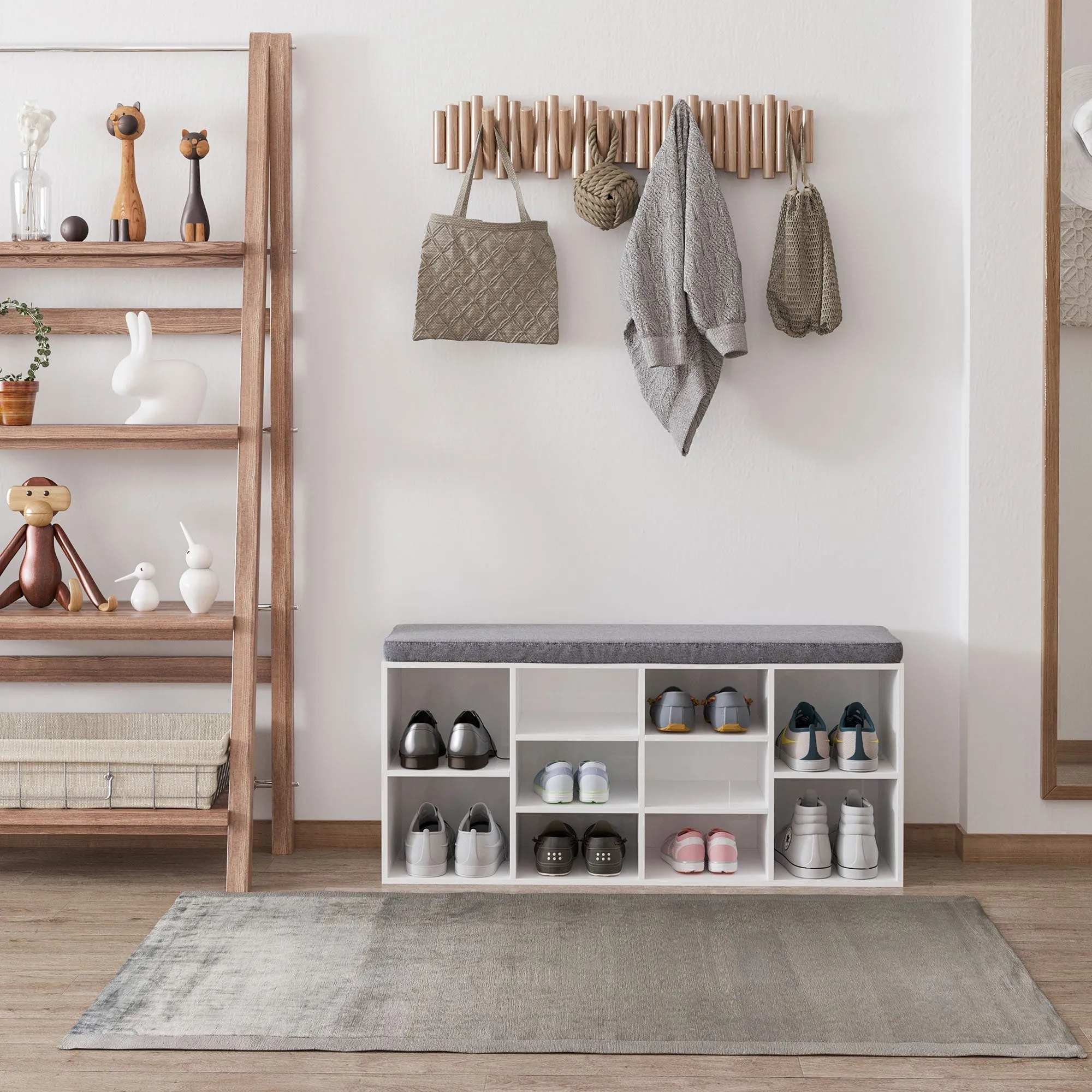 Shoe Rack Bench 8-10 Pairs of Shoes Adjustable Shelves, Wood, White, 104 x 30 x 48 cm - Image 2