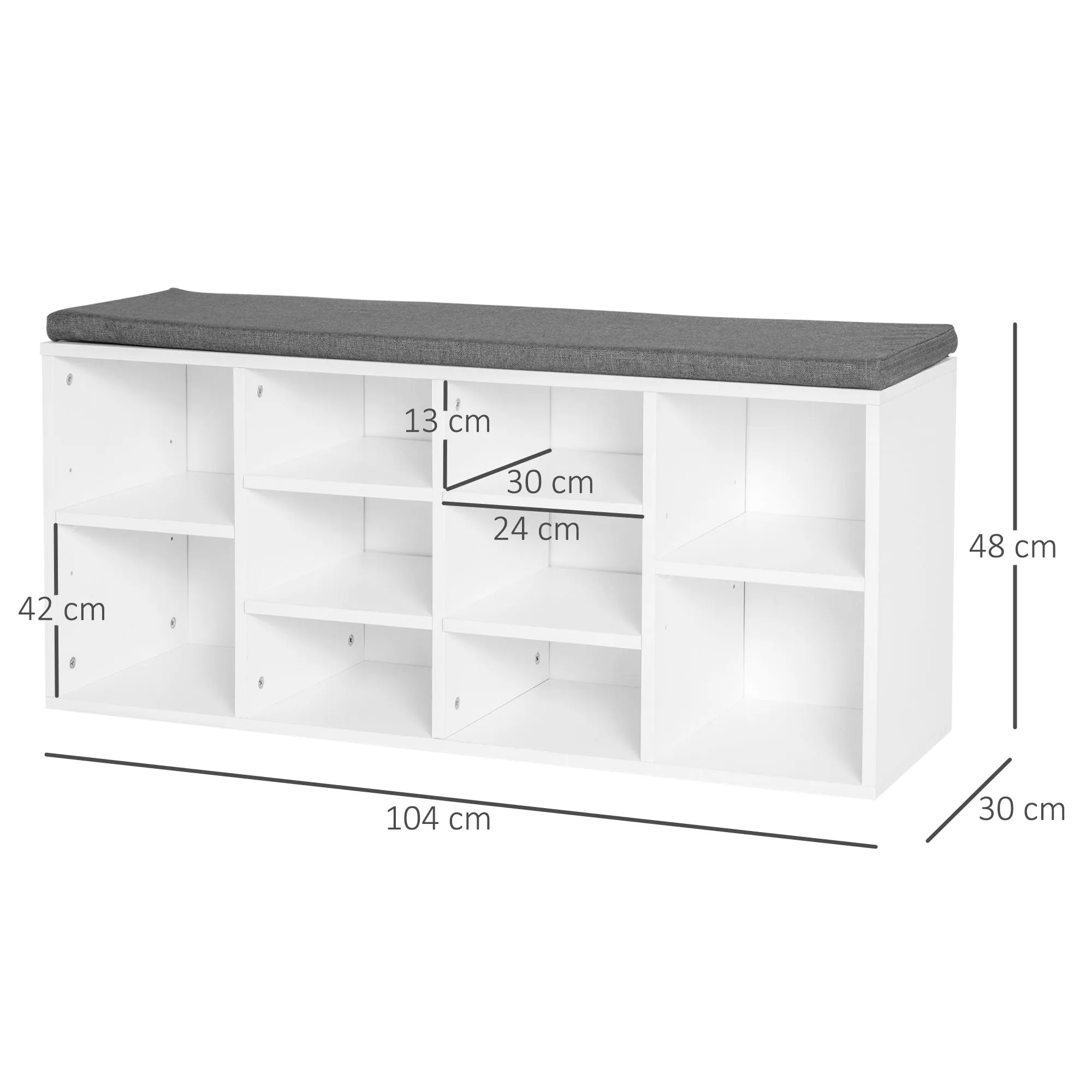 Shoe Rack Bench 8-10 Pairs of Shoes Adjustable Shelves, Wood, White, 104 x 30 x 48 cm - Image 3
