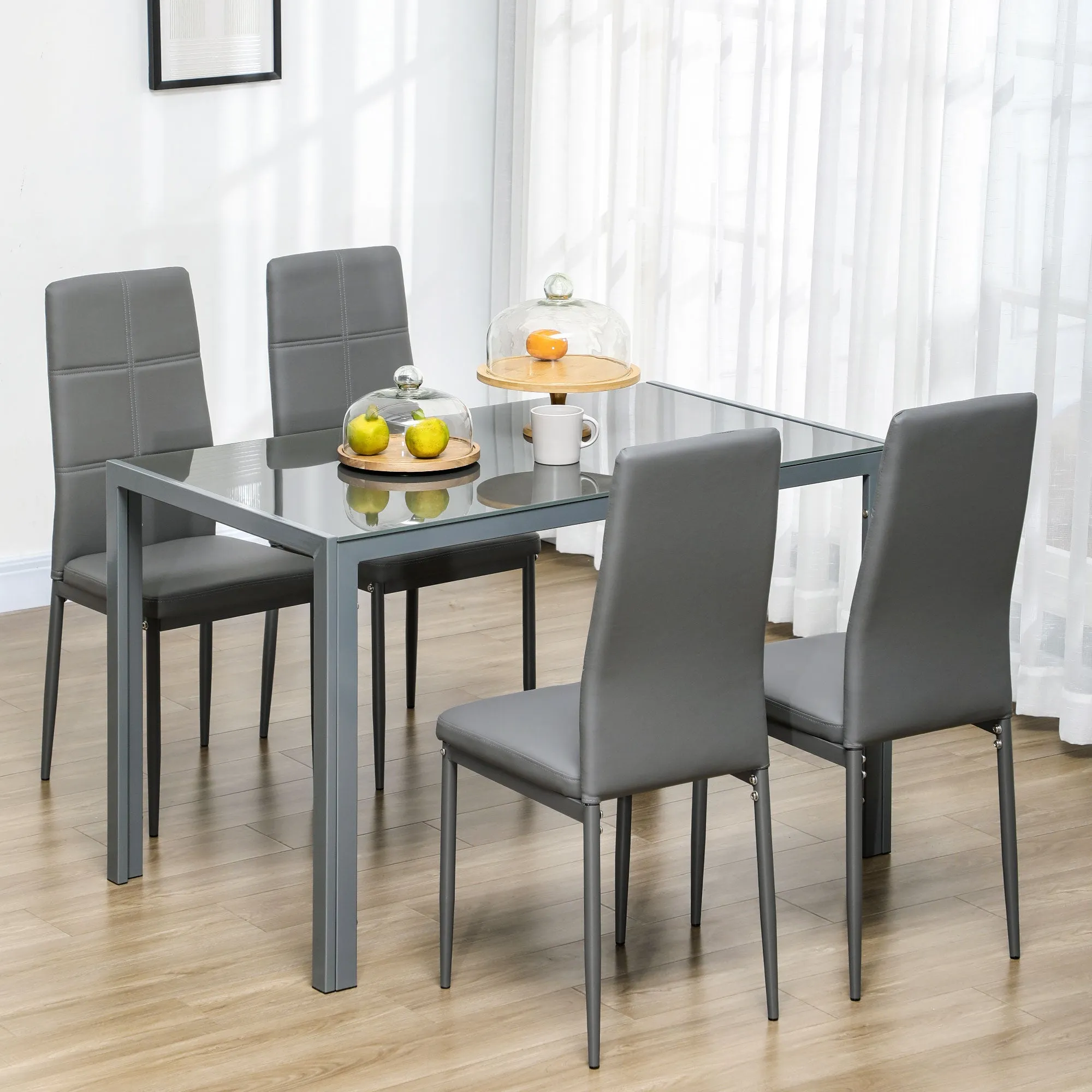 5 Piece Dining Set with 1 Dining Table and 4 Chairs Modern in Faux Leather, Metal and Tempered Glass, Grey - Image 2