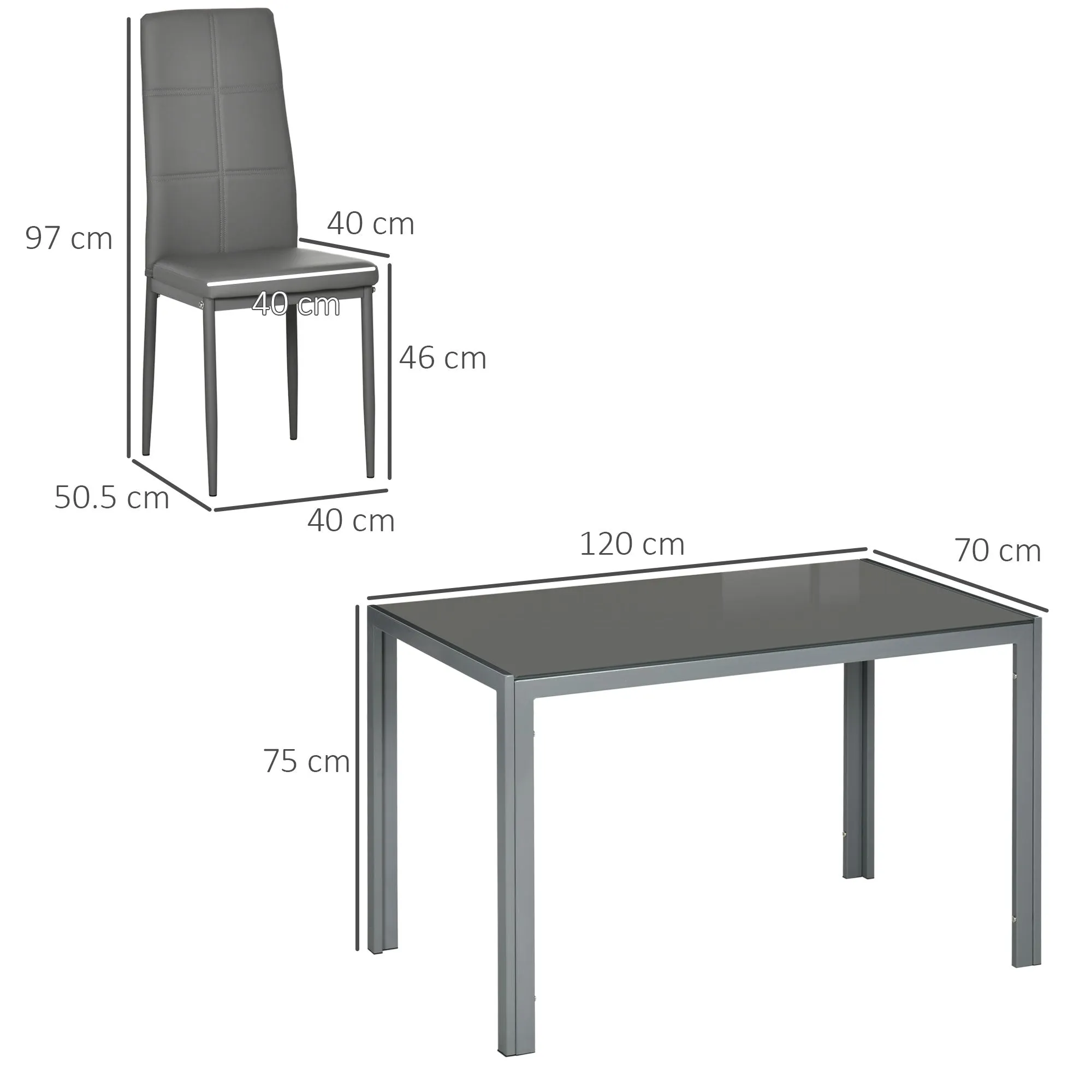 5 Piece Dining Set with 1 Dining Table and 4 Chairs Modern in Faux Leather, Metal and Tempered Glass, Grey - Image 3