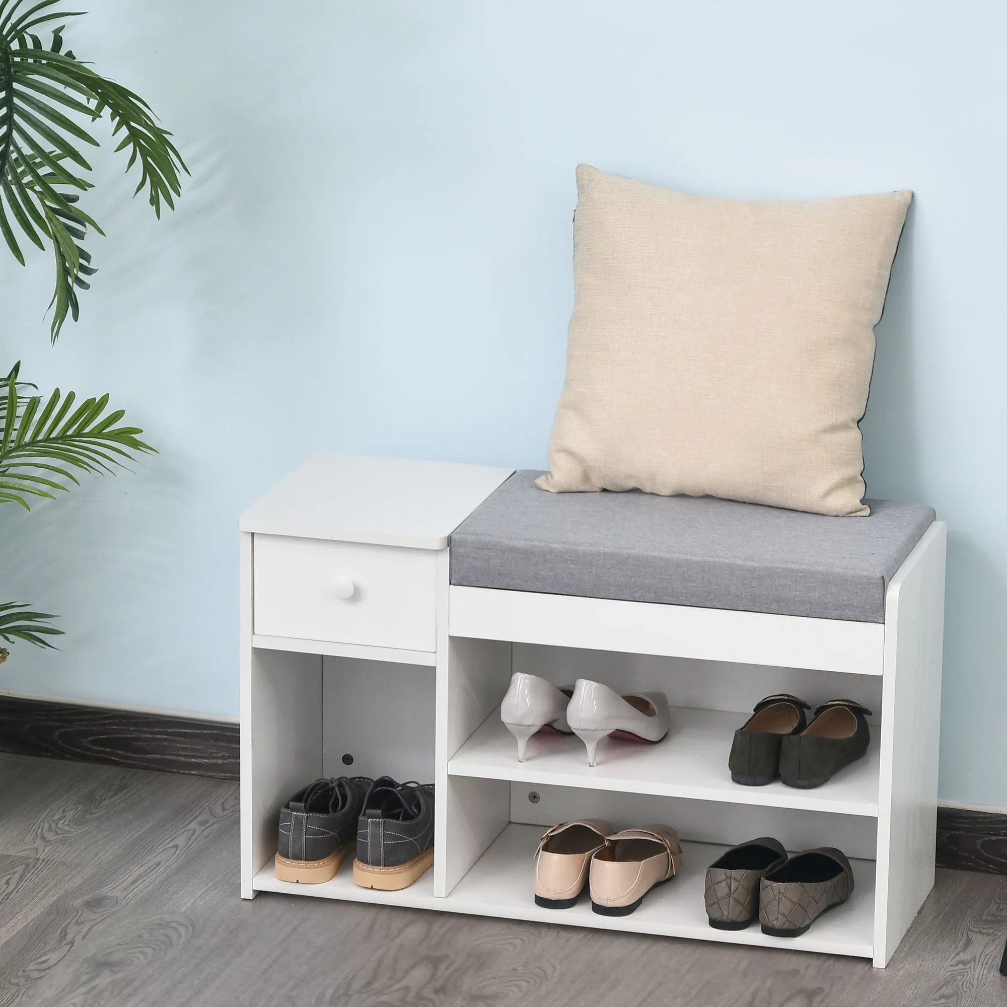 Shoe Bench with Cushion, Drawer and 3 Open Compartments in Wood, 81x31.5x49cm, White - Image 2
