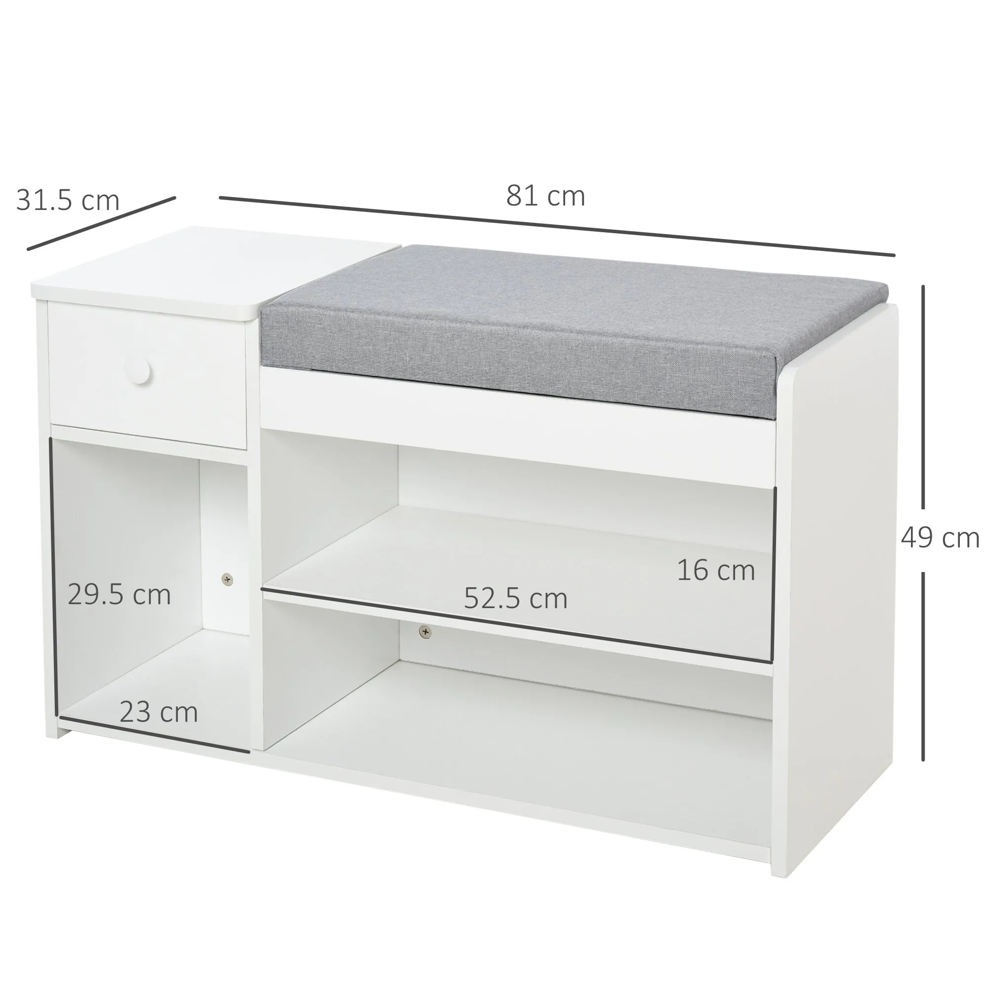 Shoe Bench with Cushion, Drawer and 3 Open Compartments in Wood, 81x31.5x49cm, White - Image 3
